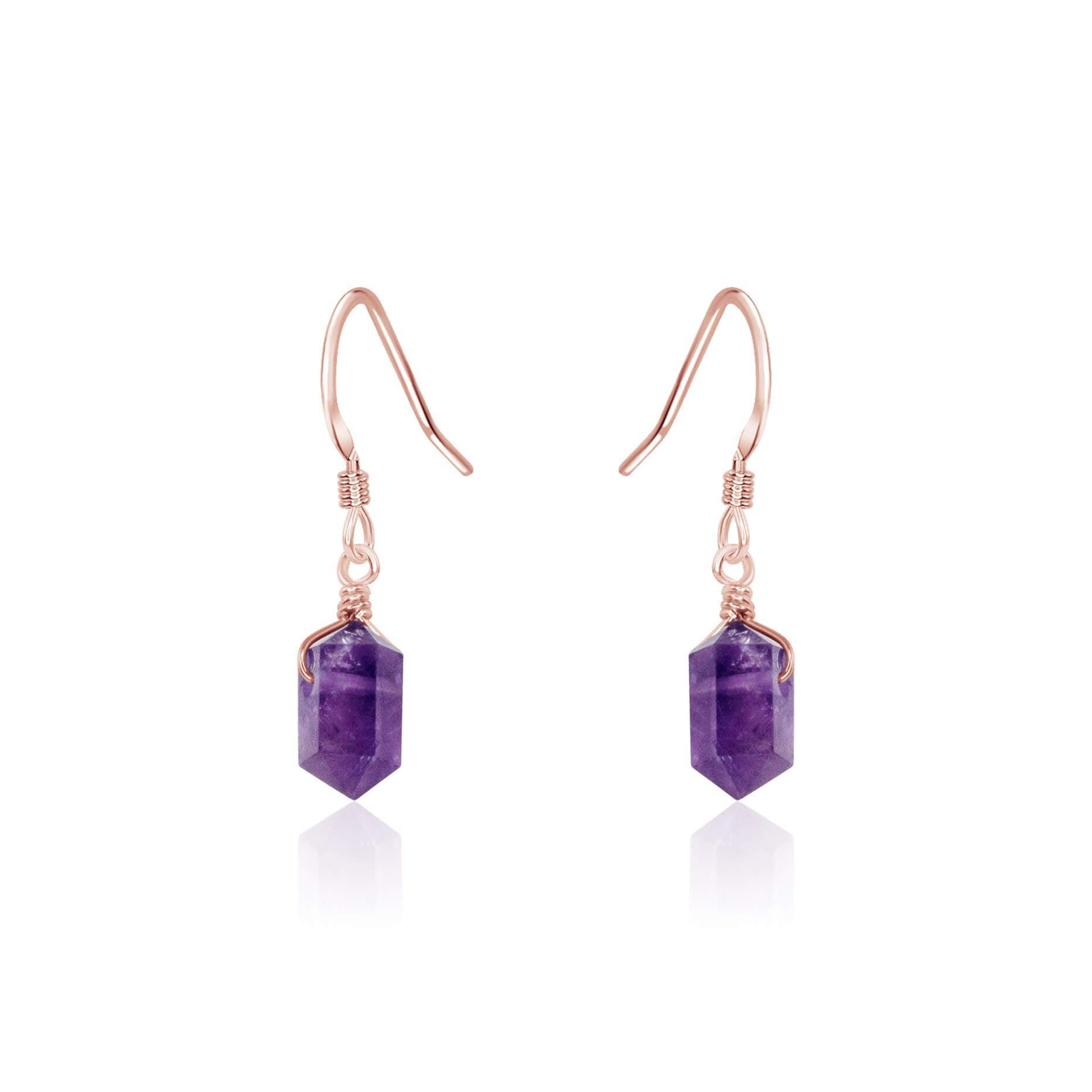 Amethyst Mini Double Terminated Crystal Point Dangle Drop Earrings - Amethyst Mini Double Terminated Crystal Point Dangle Drop Earrings - 14k Rose Gold Fill - Luna Tide Handmade Crystal Jewellery