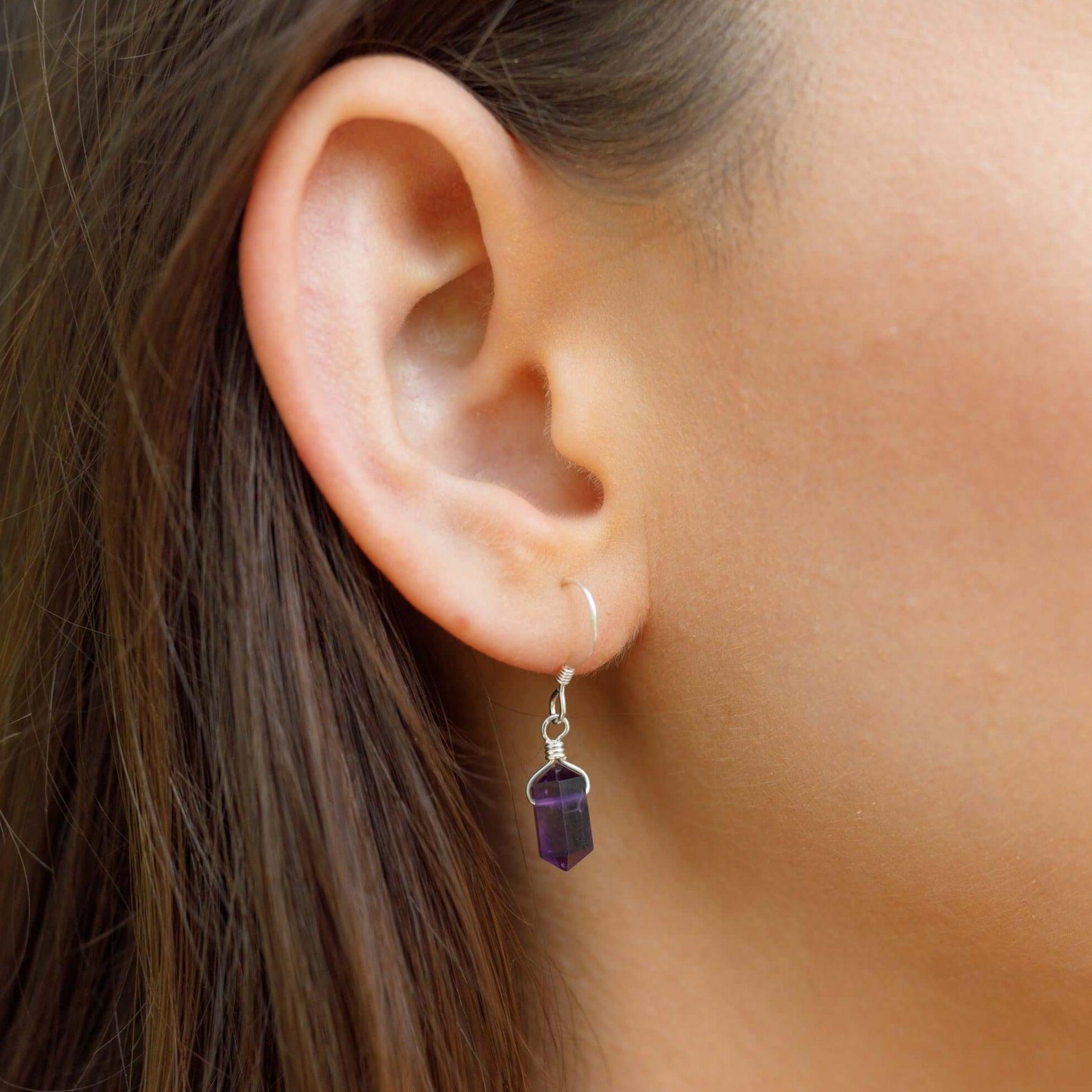 Amethyst Mini Double Terminated Crystal Point Dangle Drop Earrings - Amethyst Mini Double Terminated Crystal Point Dangle Drop Earrings - Sterling Silver - Luna Tide Handmade Crystal Jewellery