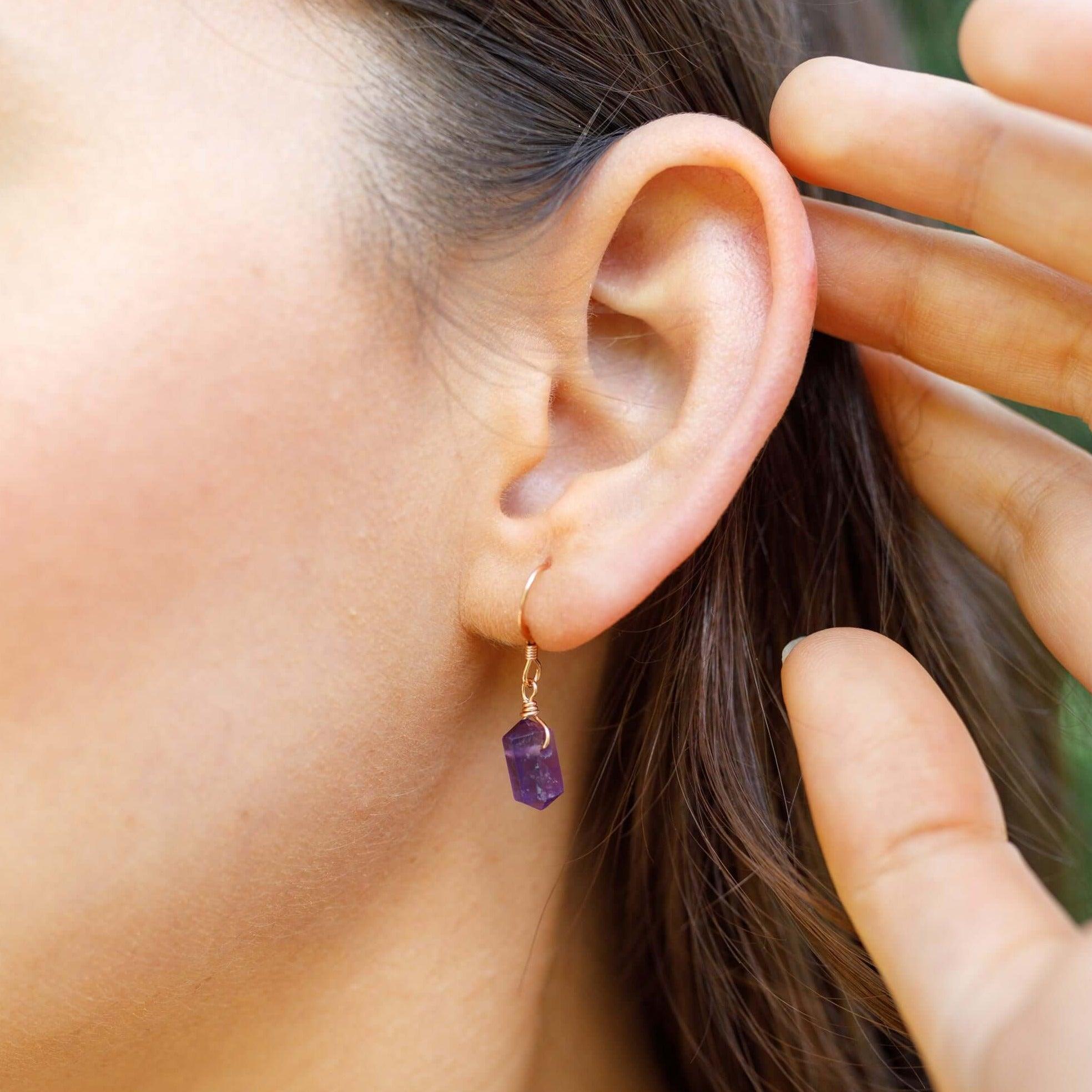 Amethyst Mini Double Terminated Crystal Point Dangle Drop Earrings - Amethyst Mini Double Terminated Crystal Point Dangle Drop Earrings - Sterling Silver - Luna Tide Handmade Crystal Jewellery
