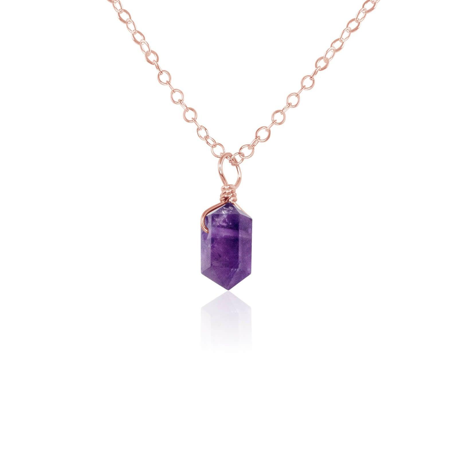 Amethyst Mini Double Terminated Crystal Point Pendant Necklace - Amethyst Mini Double Terminated Crystal Point Pendant Necklace - 14k Rose Gold Fill / Cable - Luna Tide Handmade Crystal Jewellery