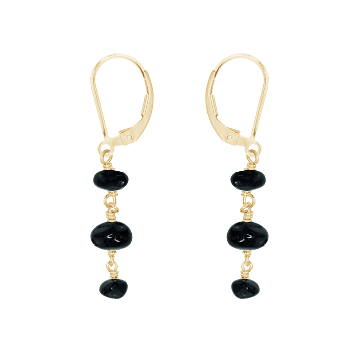 Black Tourmaline Crystal Beaded Chain Dangle Leverback Earrings - Black Tourmaline Crystal Beaded Chain Dangle Leverback Earrings - 14k Gold Fill - Luna Tide Handmade Crystal Jewellery