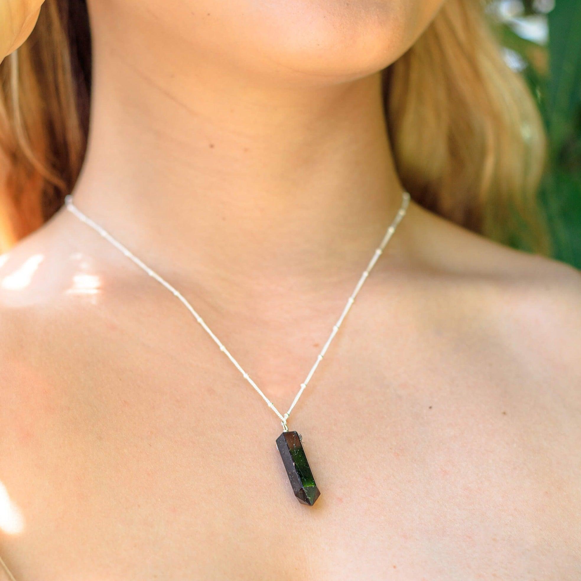 Black Tourmaline Crystal Generator Point Pendant Necklace - Black Tourmaline Crystal Generator Point Pendant Necklace - 14k Rose Gold Fill / Cable - Luna Tide Handmade Crystal Jewellery
