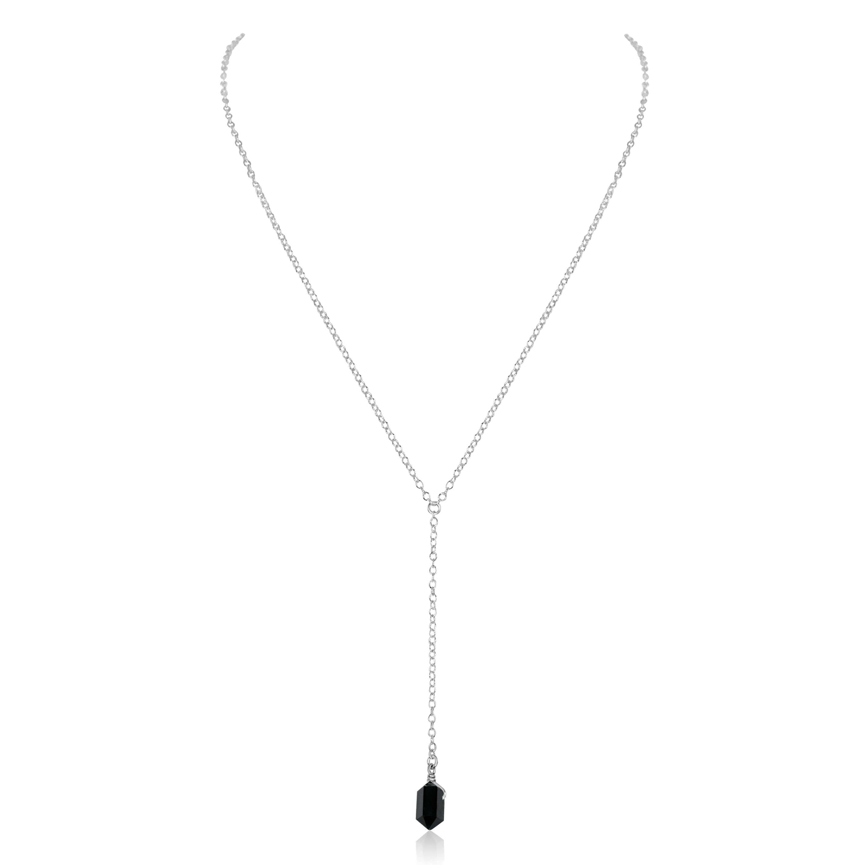 Black Tourmaline Double Terminated Mini Crystal Point Lariat Necklace - Black Tourmaline Double Terminated Mini Crystal Point Lariat Necklace - Sterling Silver - Luna Tide Handmade Crystal Jewellery