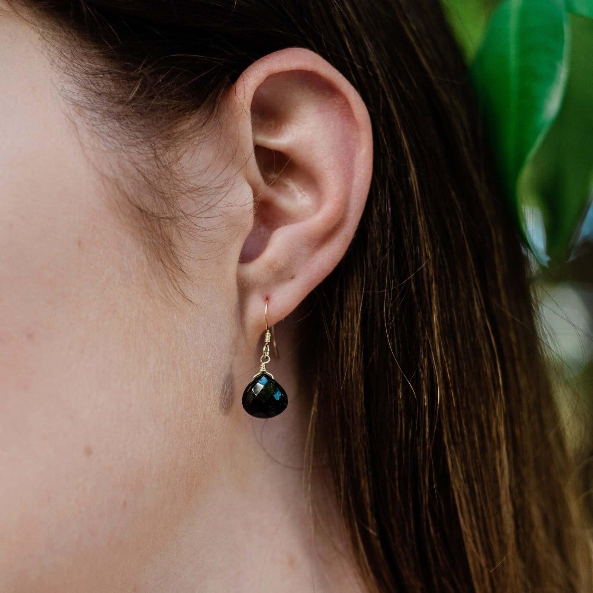 Black Tourmaline Gemstone Teardrop Dangle Earrings - Black Tourmaline Gemstone Teardrop Dangle Earrings - Sterling Silver - Luna Tide Handmade Crystal Jewellery