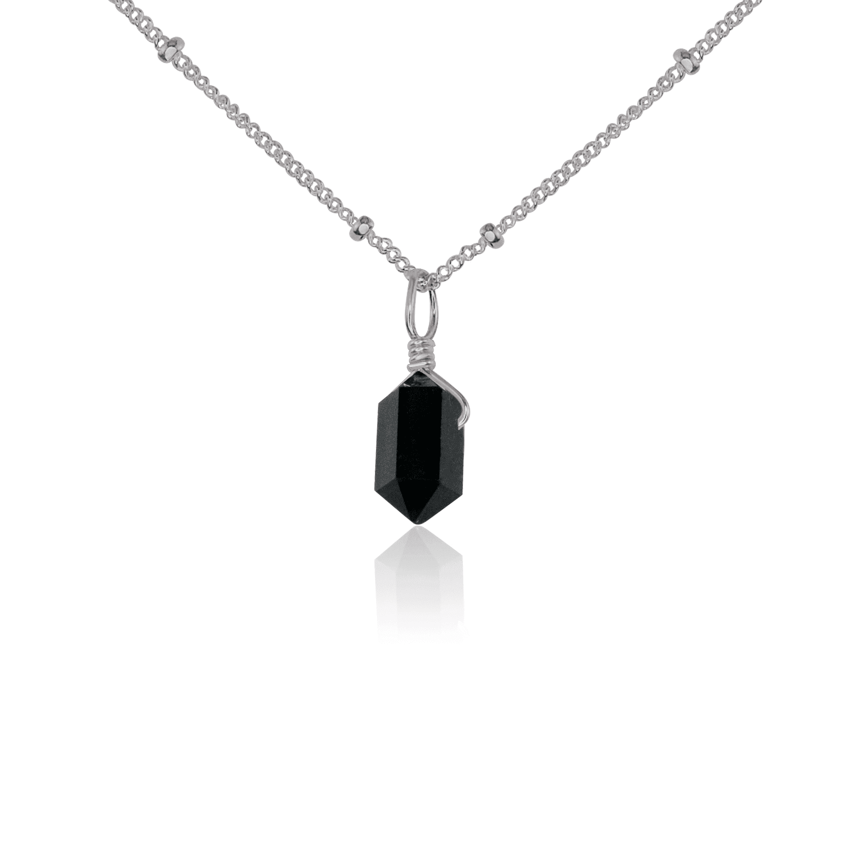 Black Tourmaline Mini Double Terminated Crystal Point Pendant Necklace - Black Tourmaline Mini Double Terminated Crystal Point Pendant Necklace - Stainless Steel / Satellite - Luna Tide Handmade Crystal Jewellery