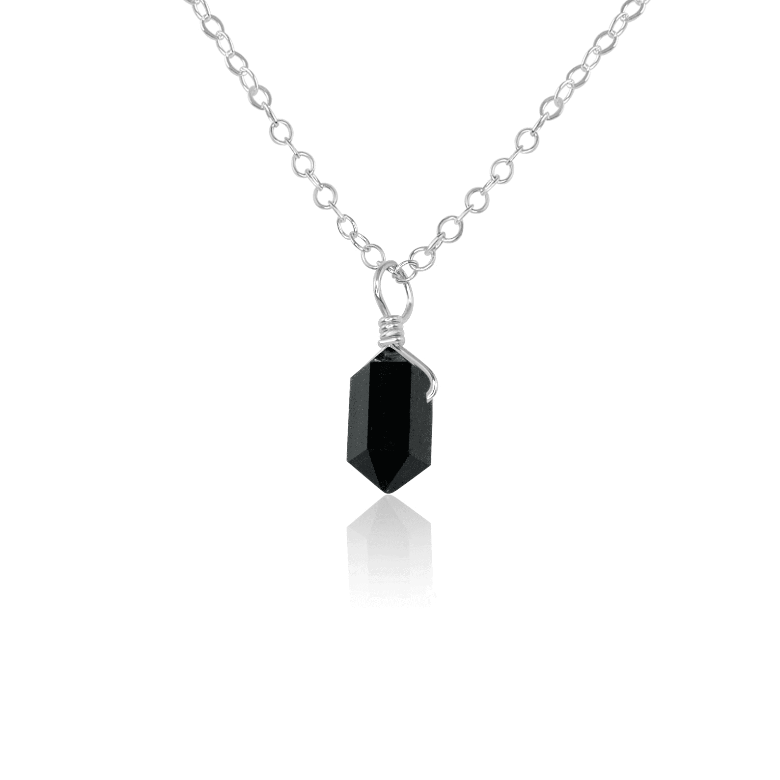 Black Tourmaline Mini Double Terminated Crystal Point Pendant Necklace - Black Tourmaline Mini Double Terminated Crystal Point Pendant Necklace - Sterling Silver / Cable - Luna Tide Handmade Crystal Jewellery