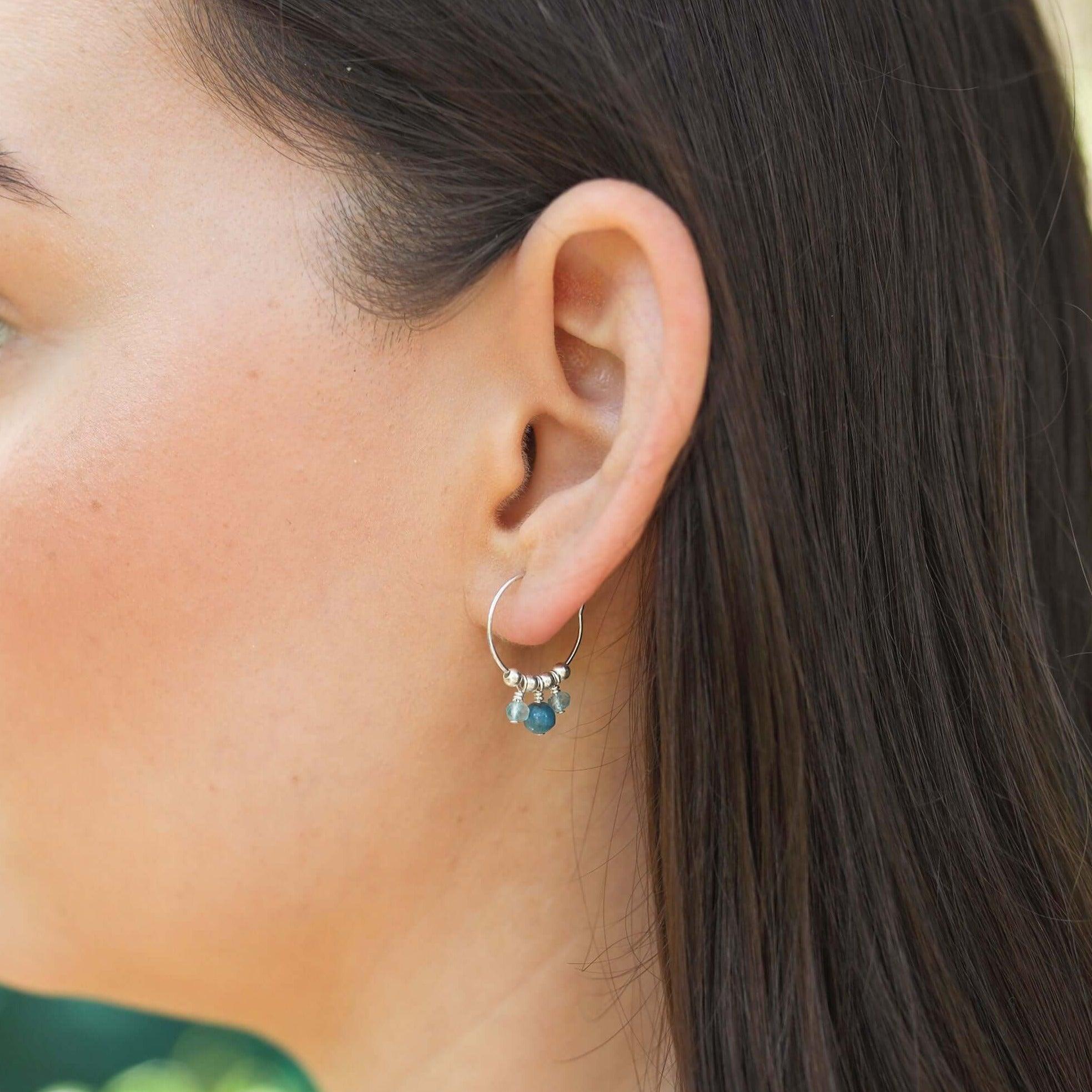 Blue Apatite Gemstone Bead Drop Hoop Earrings - Blue Apatite Gemstone Bead Drop Hoop Earrings - Sterling Silver - Luna Tide Handmade Crystal Jewellery
