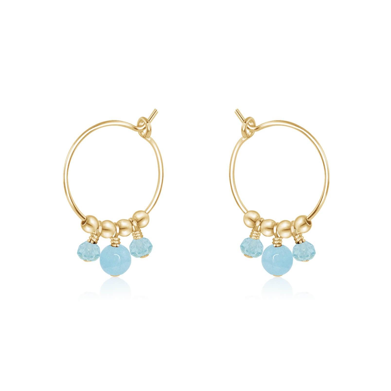 Blue Aquamarine Gemstone Bead Drop Hoop Earrings - Blue Aquamarine Gemstone Bead Drop Hoop Earrings - 14k Gold Fill - Luna Tide Handmade Crystal Jewellery