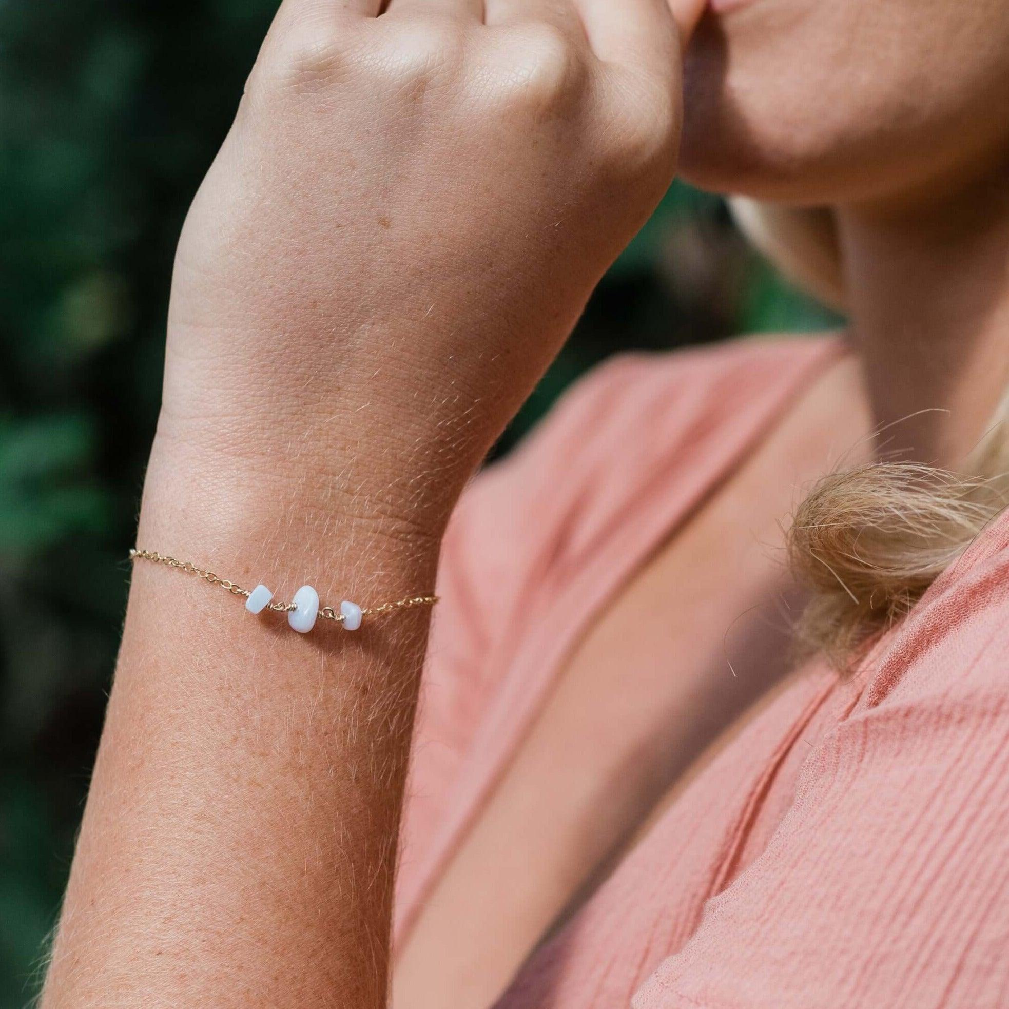 Blue Lace Agate Beaded Chain Bracelet - Blue Lace Agate Beaded Chain Bracelet - Sterling Silver - Luna Tide Handmade Crystal Jewellery