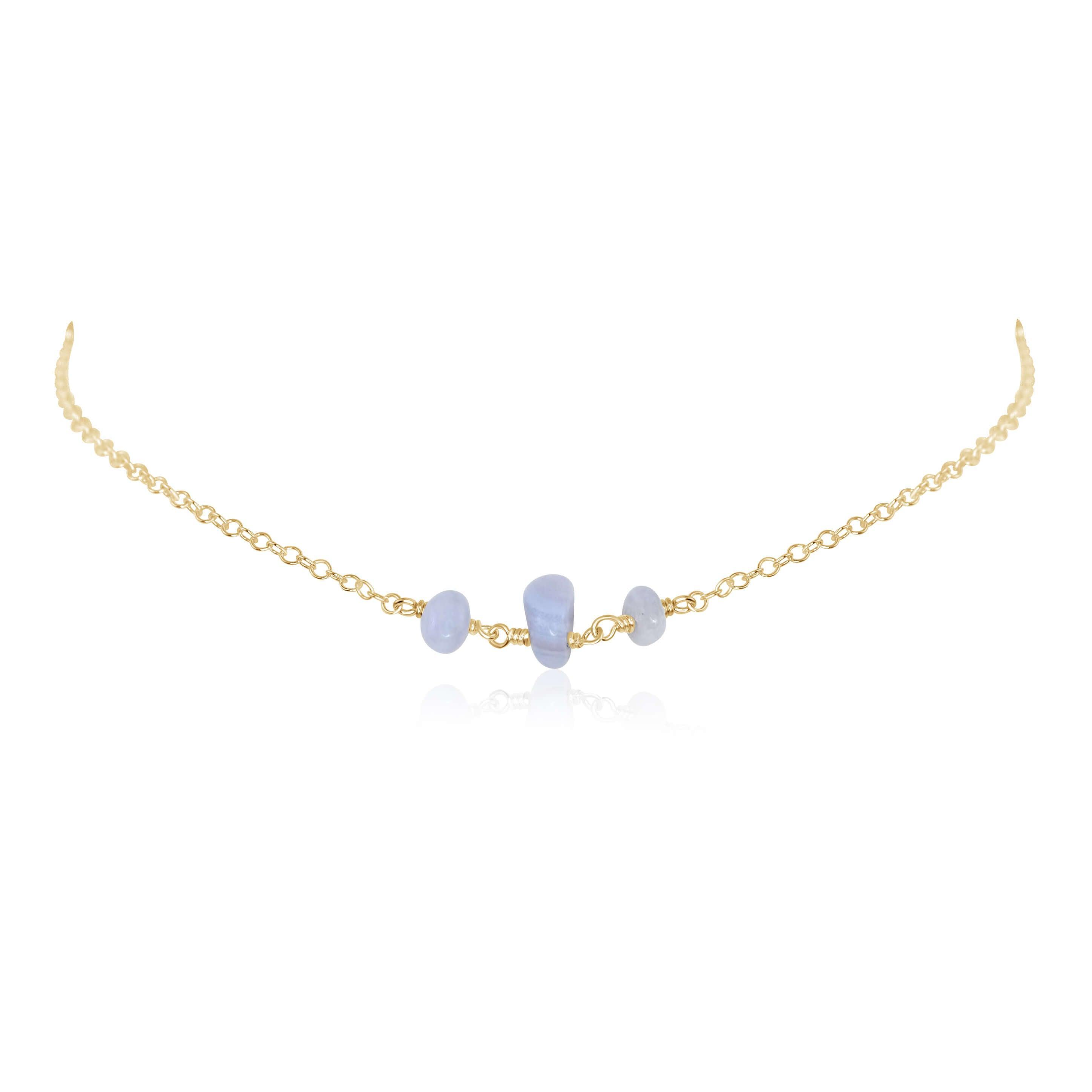Blue Lace Agate Beaded Chain Choker Necklace - Blue Lace Agate Beaded Chain Choker Necklace - 14k Gold Fill - Luna Tide Handmade Crystal Jewellery