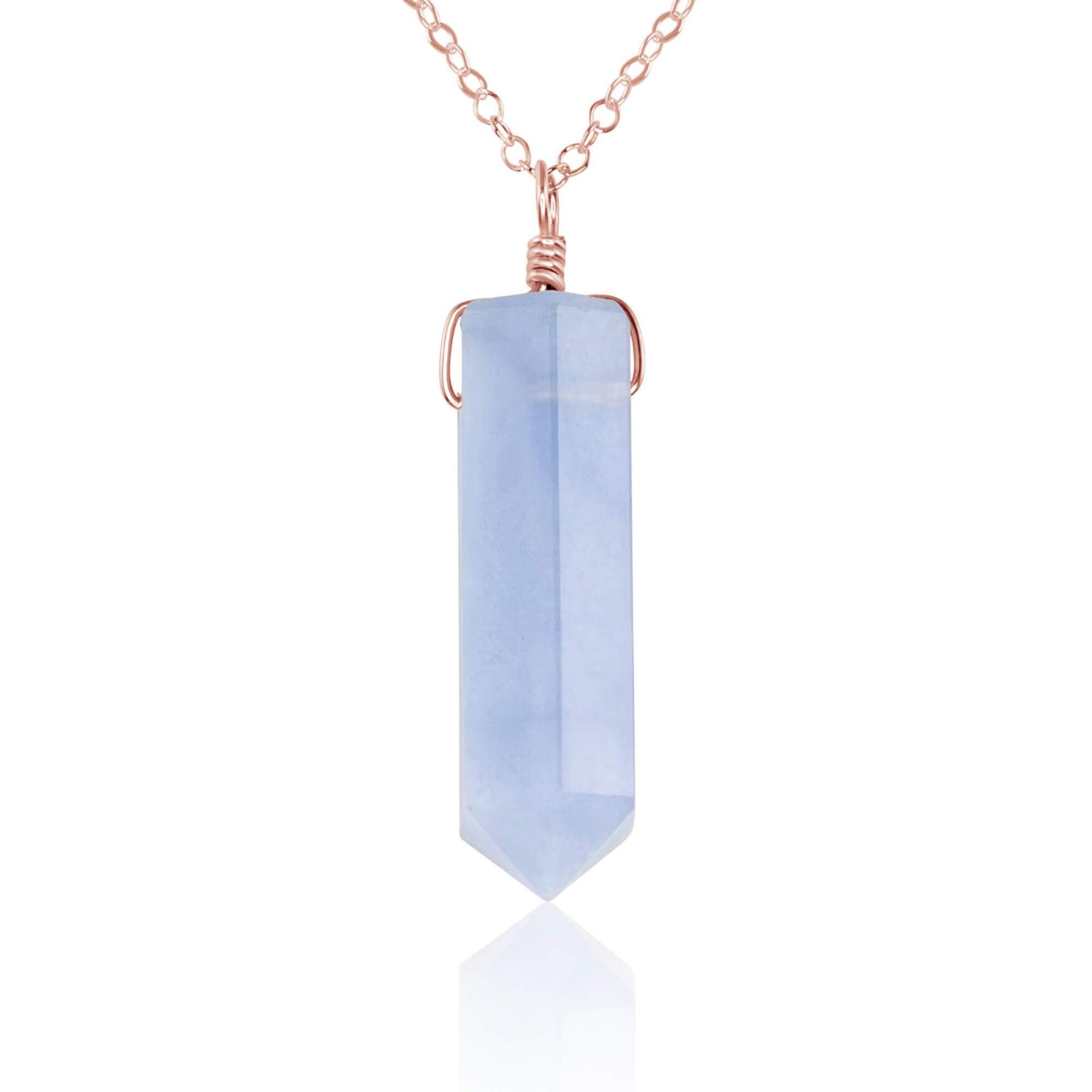 Blue Lace Agate Crystal Generator Point Pendant Necklace - Blue Lace Agate Crystal Generator Point Pendant Necklace - 14k Rose Gold Fill / Cable - Luna Tide Handmade Crystal Jewellery