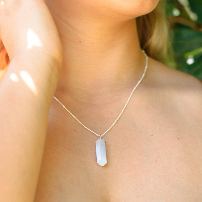Blue Lace Agate Gemstone Generator Tower Point Pendant Necklace - Blue Lace Agate Gemstone Generator Tower Point Pendant Necklace - Sterling Silver / Satellite - Luna Tide Handmade Crystal Jewellery