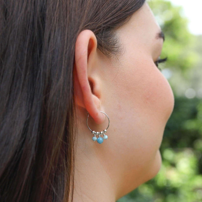 Blue Larimar Gemstone Bead Drop Hoop Earrings - Blue Larimar Gemstone Bead Drop Hoop Earrings - Sterling Silver - Luna Tide Handmade Crystal Jewellery