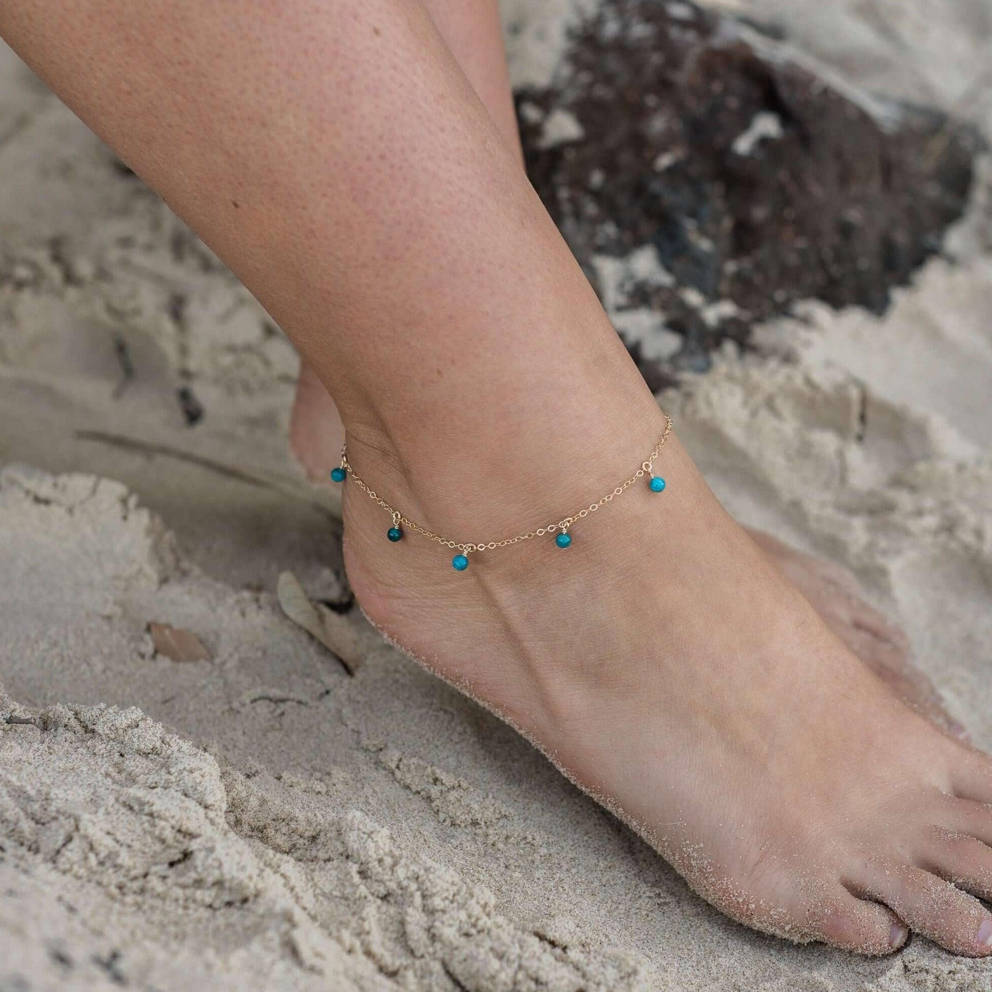 Boho Blue Apatite Gemstone Bead Drop Anklet - Boho Blue Apatite Gemstone Bead Drop Anklet - Sterling Silver - Luna Tide Handmade Crystal Jewellery