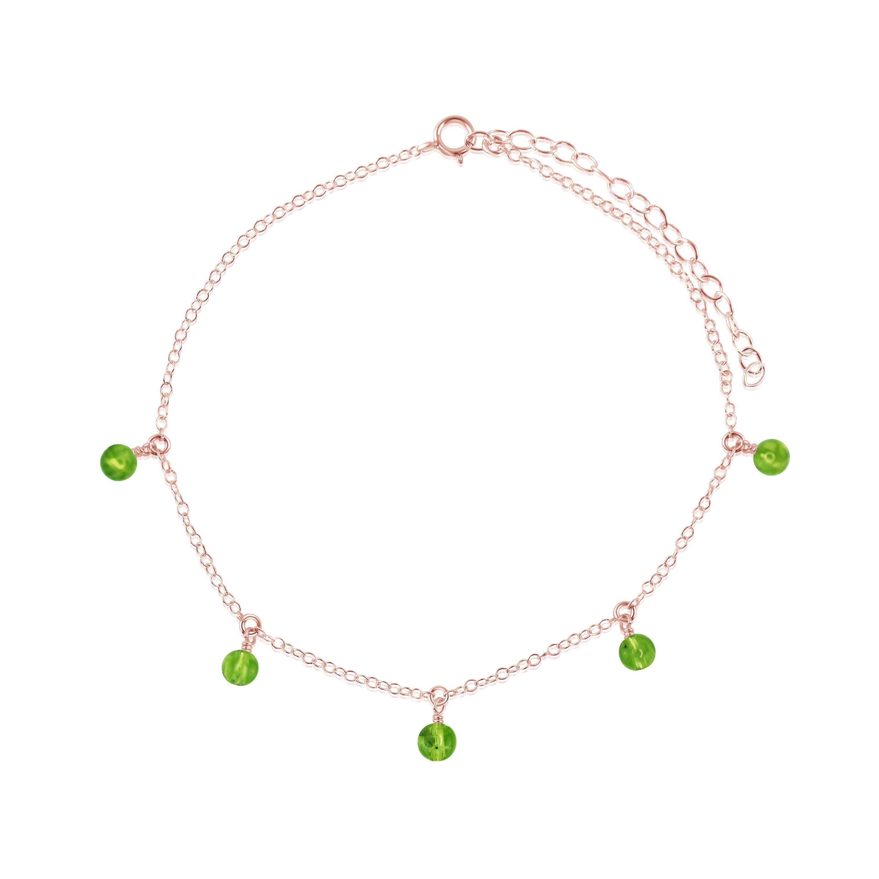 Boho Green Peridot Gemstone Bead Drop Anklet - Boho Green Peridot Gemstone Bead Drop Anklet - 14k Rose Gold Fill - Luna Tide Handmade Crystal Jewellery