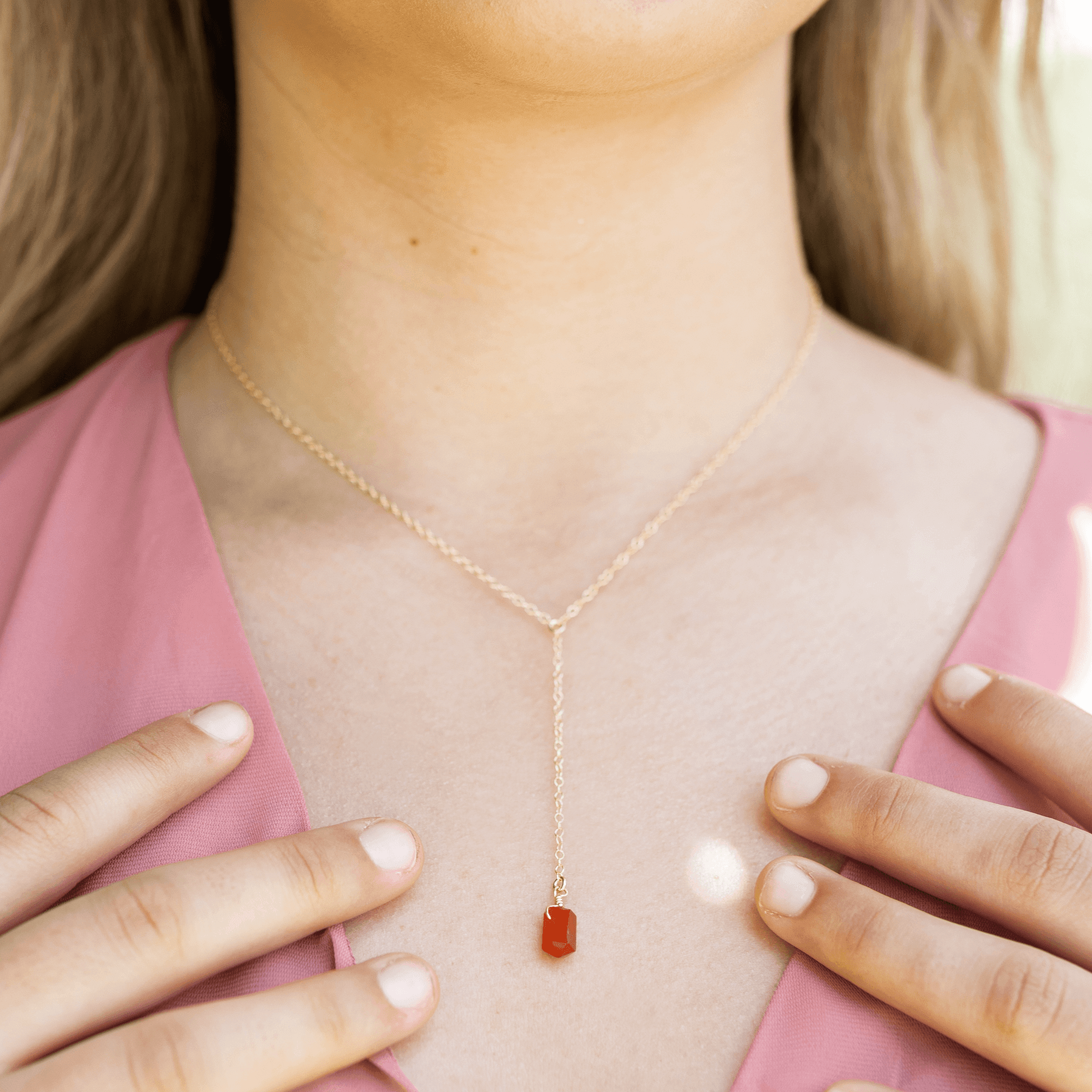 Carnelian Double Terminated Mini Crystal Point Lariat Necklace - Carnelian Double Terminated Mini Crystal Point Lariat Necklace - 14k Gold Fill - Luna Tide Handmade Crystal Jewellery