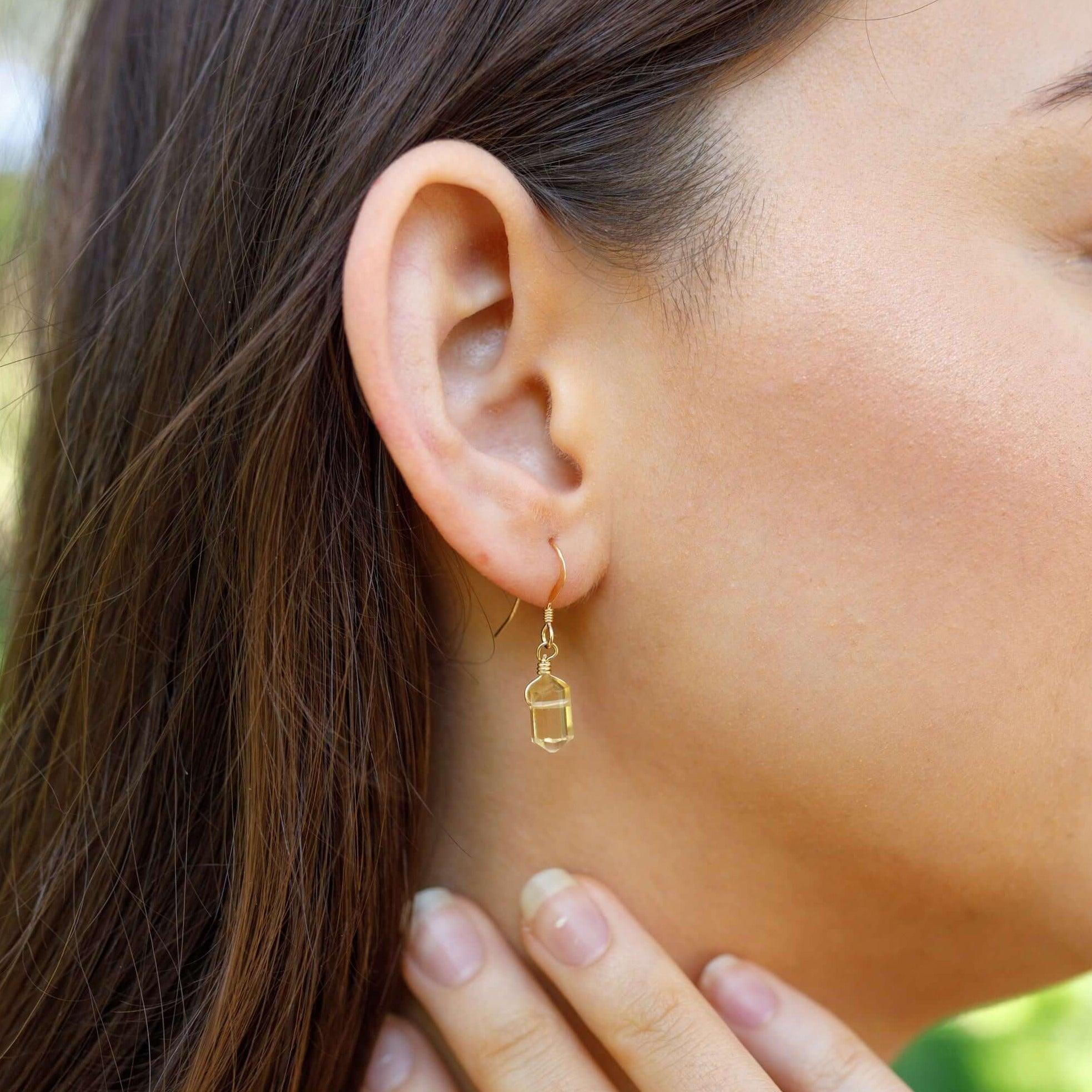Citrine Mini Double Terminated Crystal Point Dangle Drop Earrings - Citrine Mini Double Terminated Crystal Point Dangle Drop Earrings - 14k Gold Fill - Luna Tide Handmade Crystal Jewellery