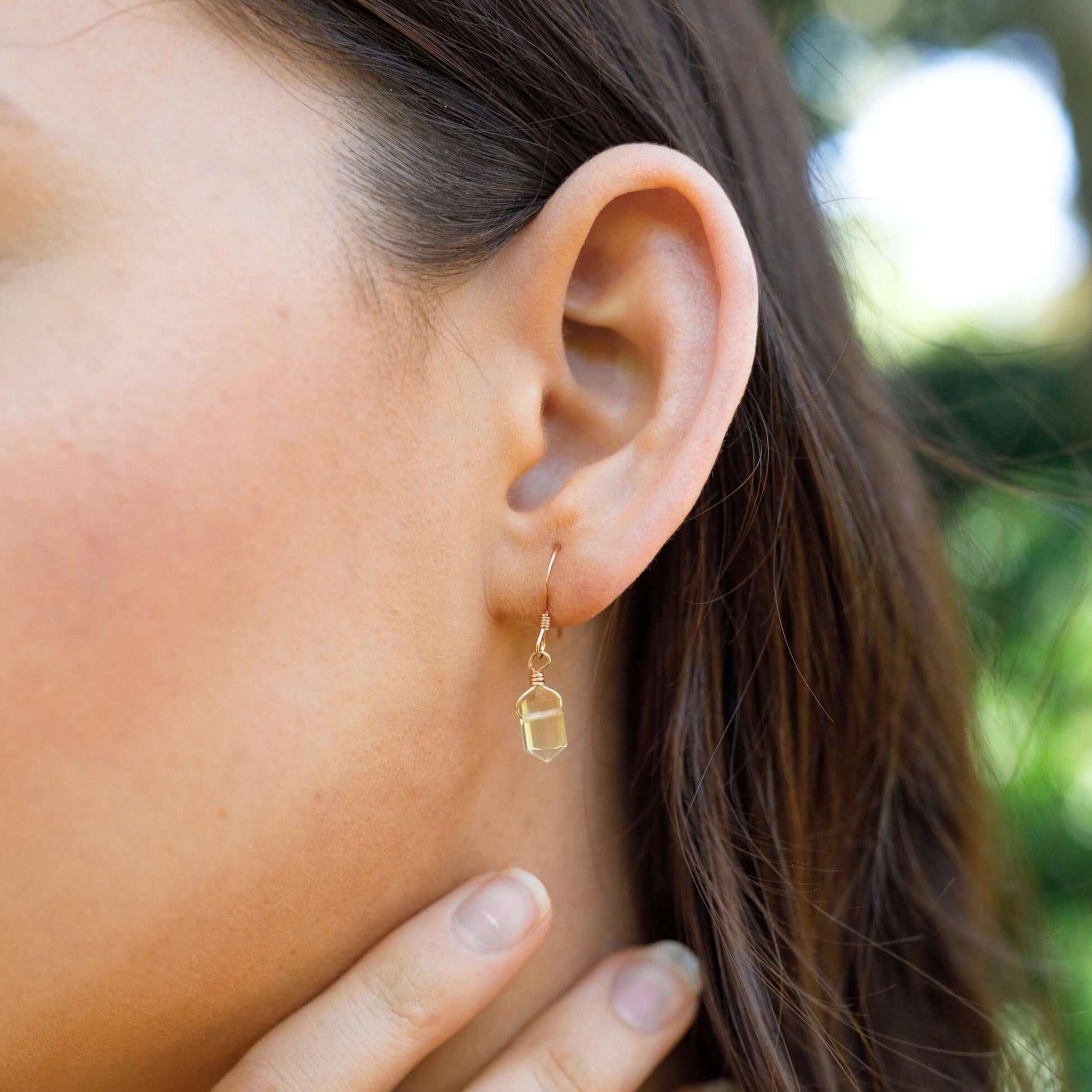Citrine Mini Double Terminated Crystal Point Dangle Drop Earrings - Citrine Mini Double Terminated Crystal Point Dangle Drop Earrings - 14k Gold Fill - Luna Tide Handmade Crystal Jewellery