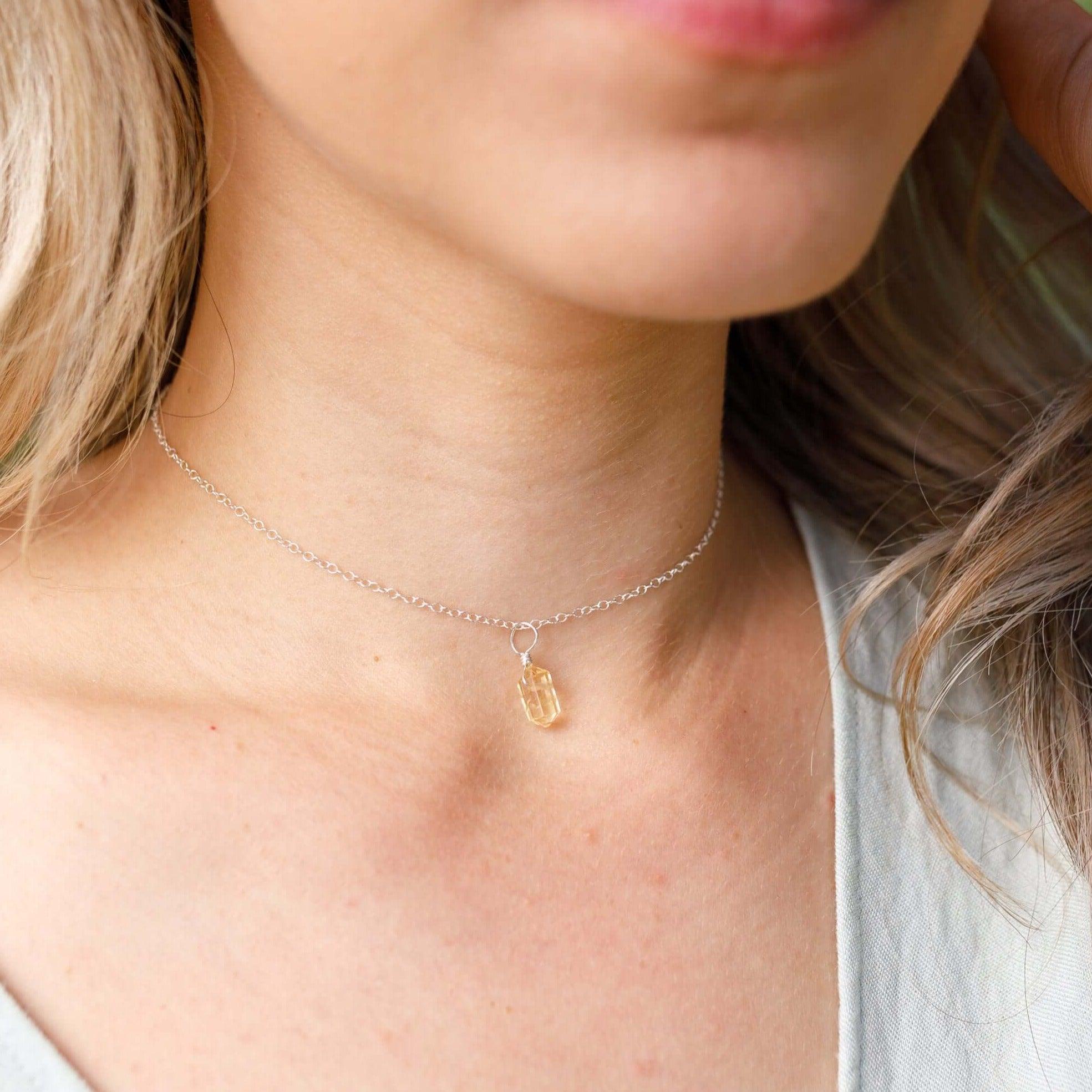 Citrine Mini Double Terminated Crystal Point Pendant Choker Necklace - Citrine Mini Double Terminated Crystal Point Pendant Choker Necklace - Sterling Silver / Cable - Luna Tide Handmade Crystal Jewellery