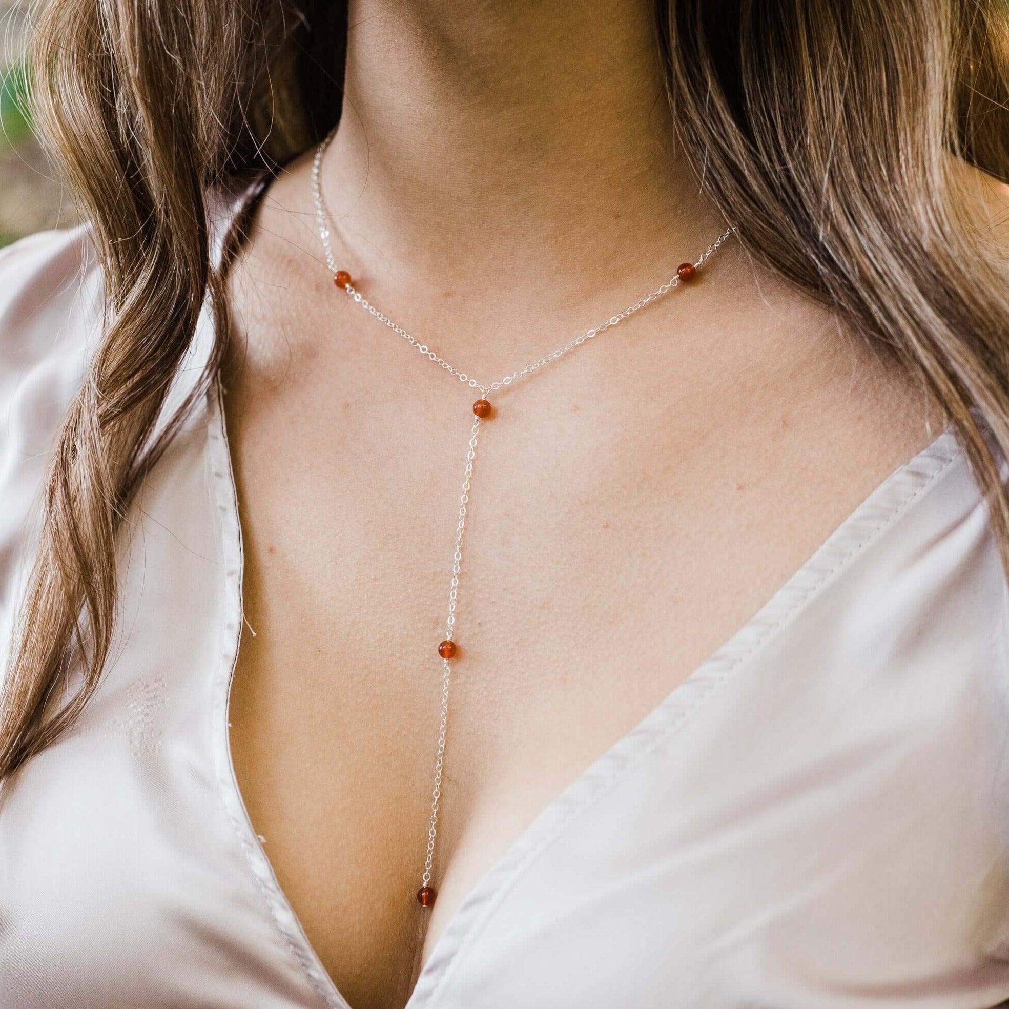 Dainty Carnelian Lariat Necklace - Dainty Carnelian Lariat Necklace - 14k Gold Fill - Luna Tide Handmade Crystal Jewellery