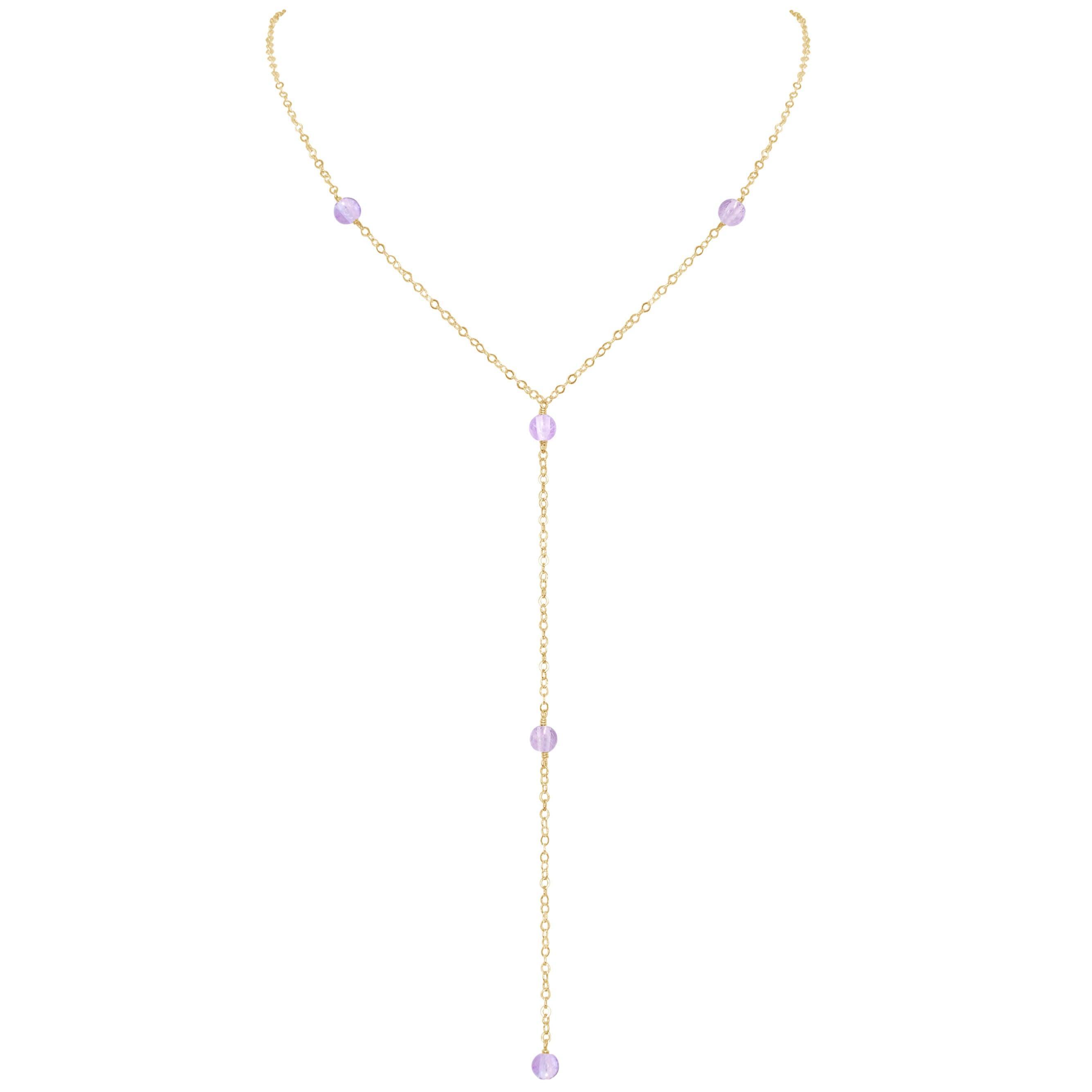 Dainty Pink Amethyst Gemstone Lariat Necklace - Dainty Pink Amethyst Gemstone Lariat Necklace - 14k Gold Fill - Luna Tide Handmade Crystal Jewellery