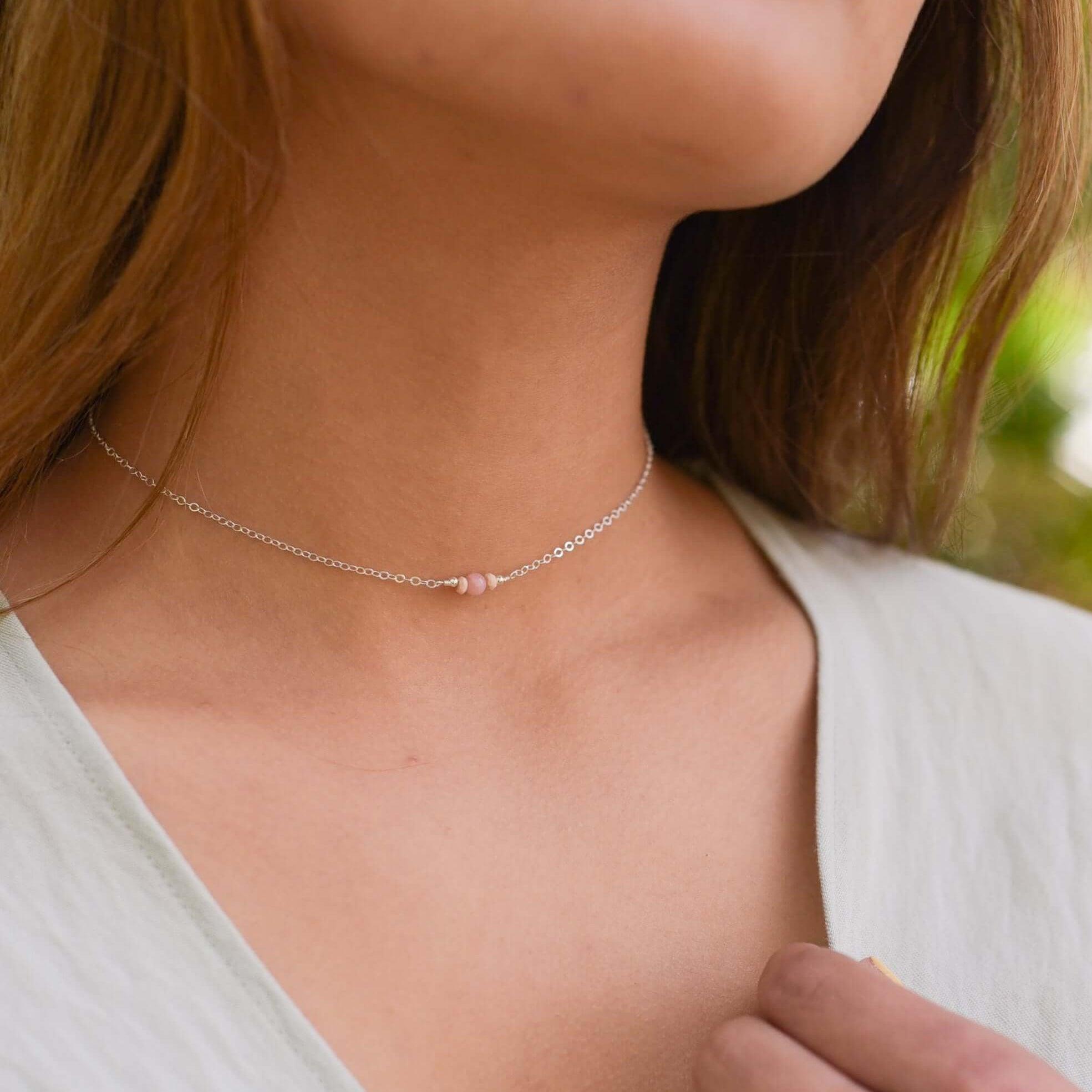 Dainty Pink Peruvian Opal Gemstone Choker Necklace - Dainty Pink Peruvian Opal Gemstone Choker Necklace - 14k Gold Fill - Luna Tide Handmade Crystal Jewellery