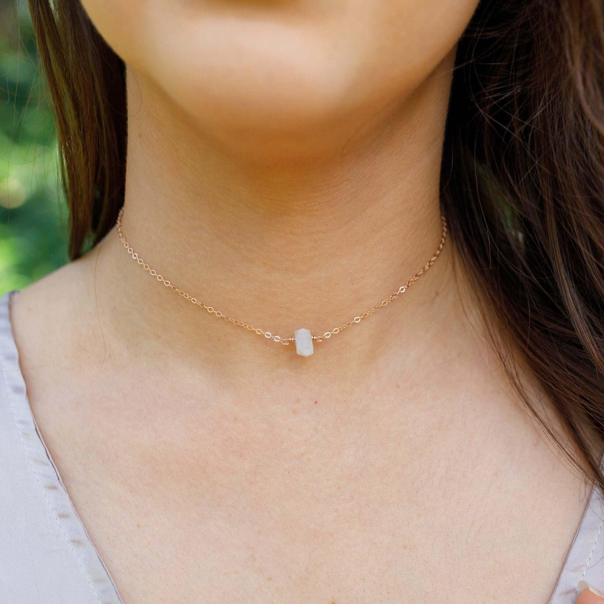 Double Terminated Rainbow Moonstone Mini Crystal Point Choker Necklace - Double Terminated Rainbow Moonstone Mini Crystal Point Choker Necklace - 14k Gold Fill - Luna Tide Handmade Crystal Jewellery