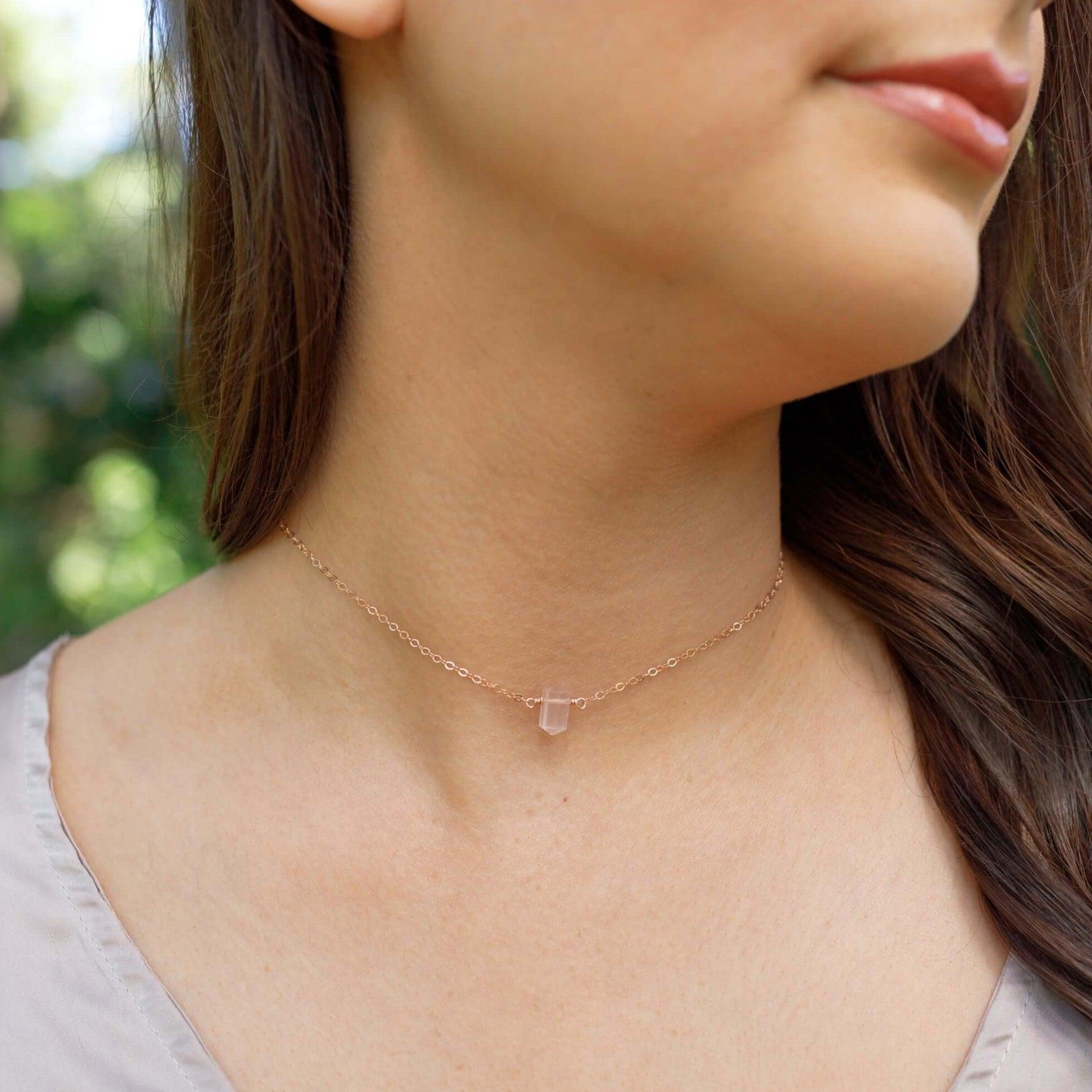 Double Terminated Rose Quartz Mini Crystal Point Choker Necklace - Double Terminated Rose Quartz Mini Crystal Point Choker Necklace - Sterling Silver - Luna Tide Handmade Crystal Jewellery
