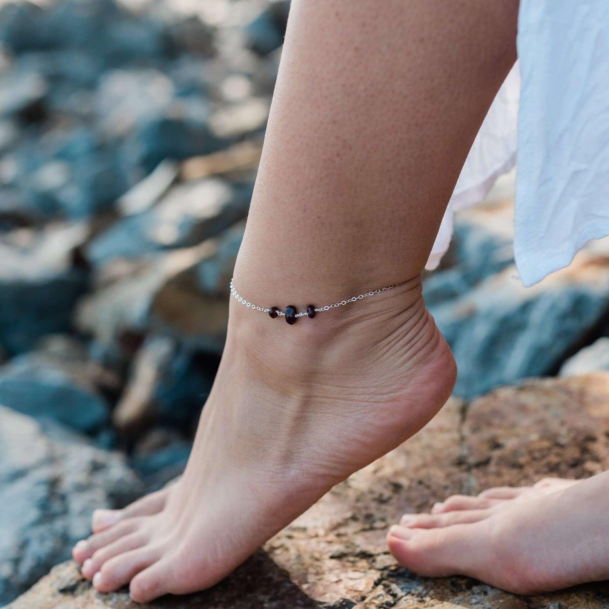 Garnet Beaded Chain Anklet - Garnet Beaded Chain Anklet - Sterling Silver - Luna Tide Handmade Crystal Jewellery
