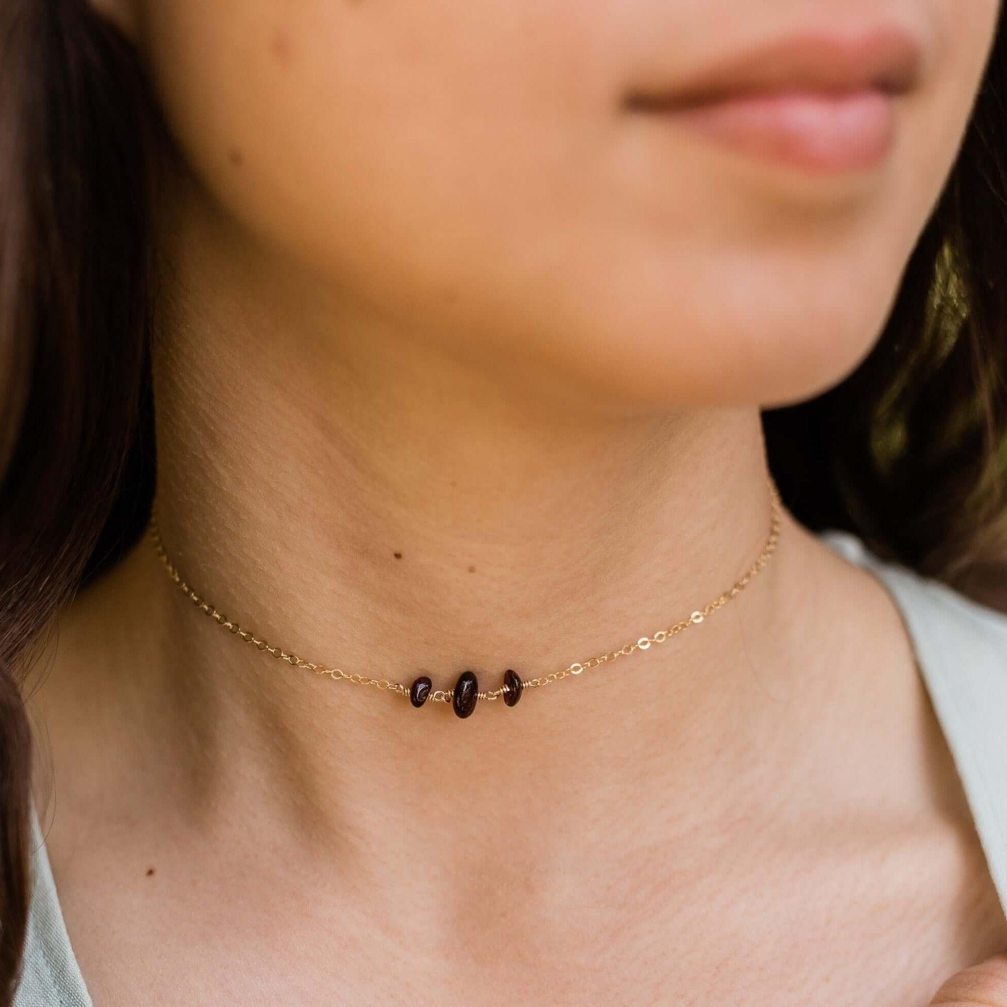 Garnet Beaded Chain Choker Necklace - Garnet Beaded Chain Choker Necklace - 14k Gold Fill - Luna Tide Handmade Crystal Jewellery