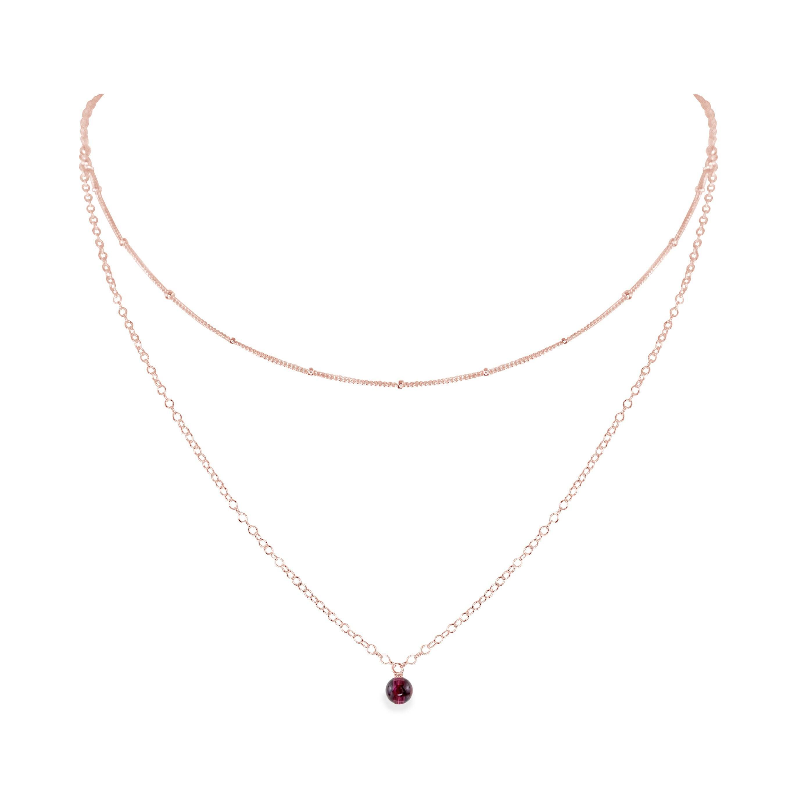 Garnet Gemstone Chain Layered Choker Necklace - Garnet Gemstone Chain Layered Choker Necklace - 14k Rose Gold Fill - Luna Tide Handmade Crystal Jewellery