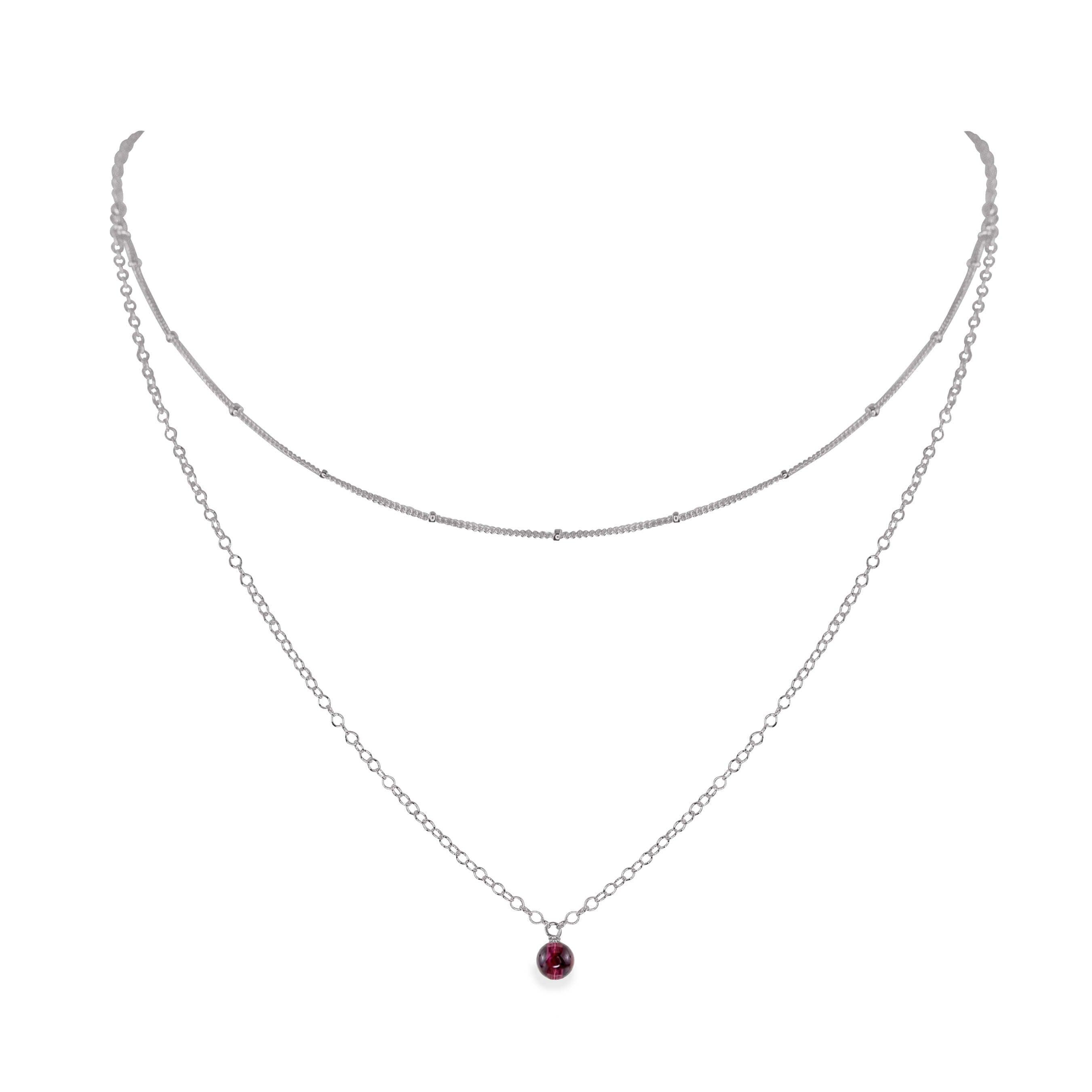 Garnet Gemstone Chain Layered Choker Necklace - Garnet Gemstone Chain Layered Choker Necklace - Stainless Steel - Luna Tide Handmade Crystal Jewellery