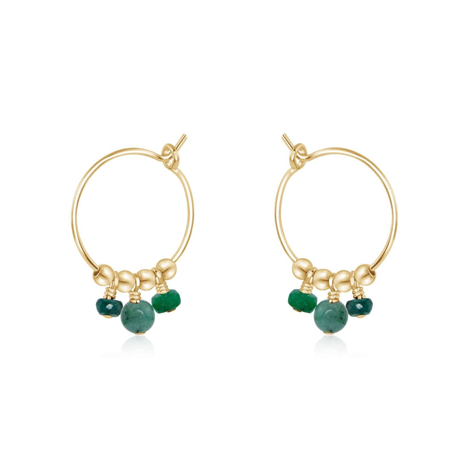 Green Emerald Gemstone Bead Drop Hoop Earrings - Green Emerald Gemstone Bead Drop Hoop Earrings - 14k Gold Fill - Luna Tide Handmade Crystal Jewellery