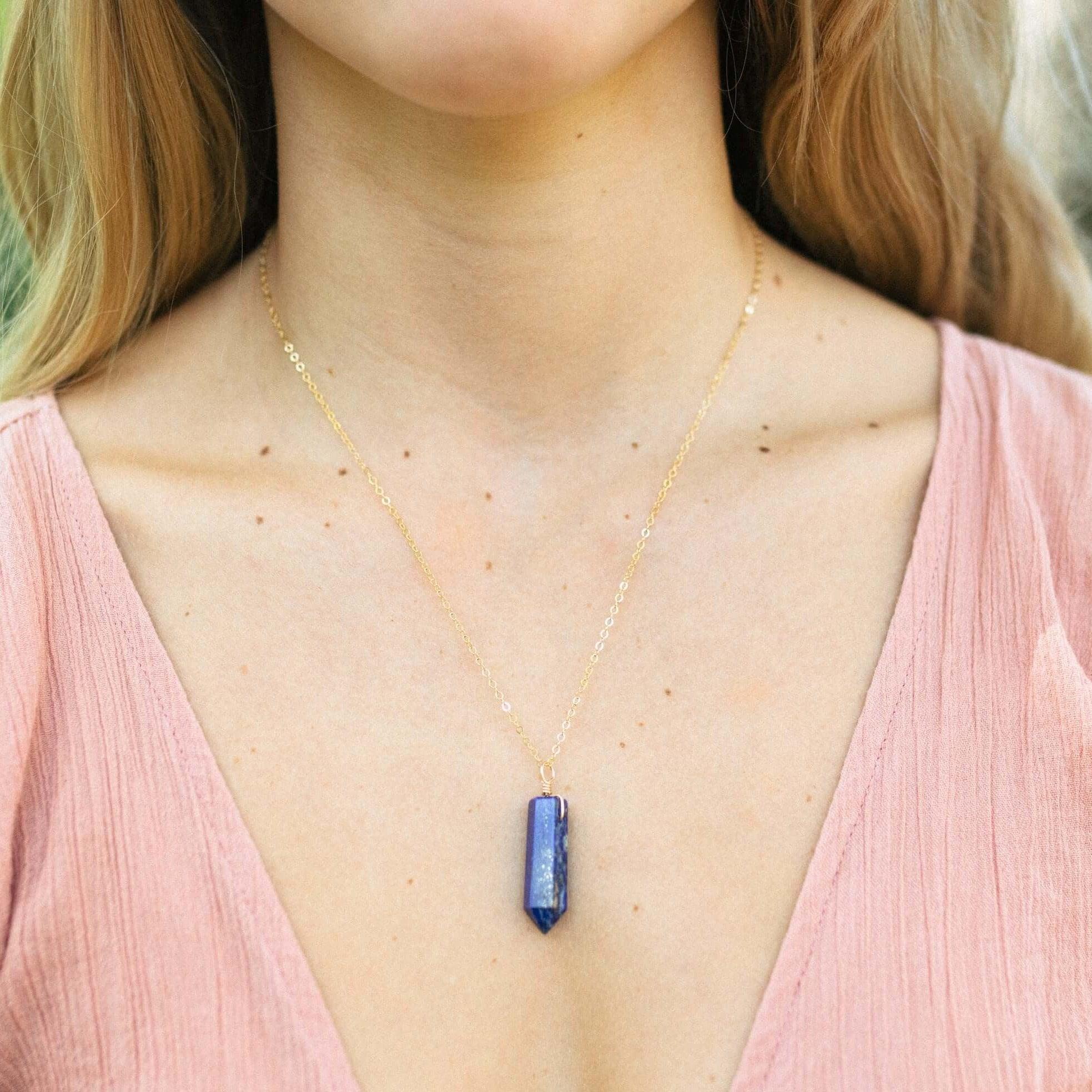 Lapis Lazuli Gemstone Generator Tower Point Pendant Necklace - Lapis Lazuli Gemstone Generator Tower Point Pendant Necklace - Sterling Silver / Satellite - Luna Tide Handmade Crystal Jewellery