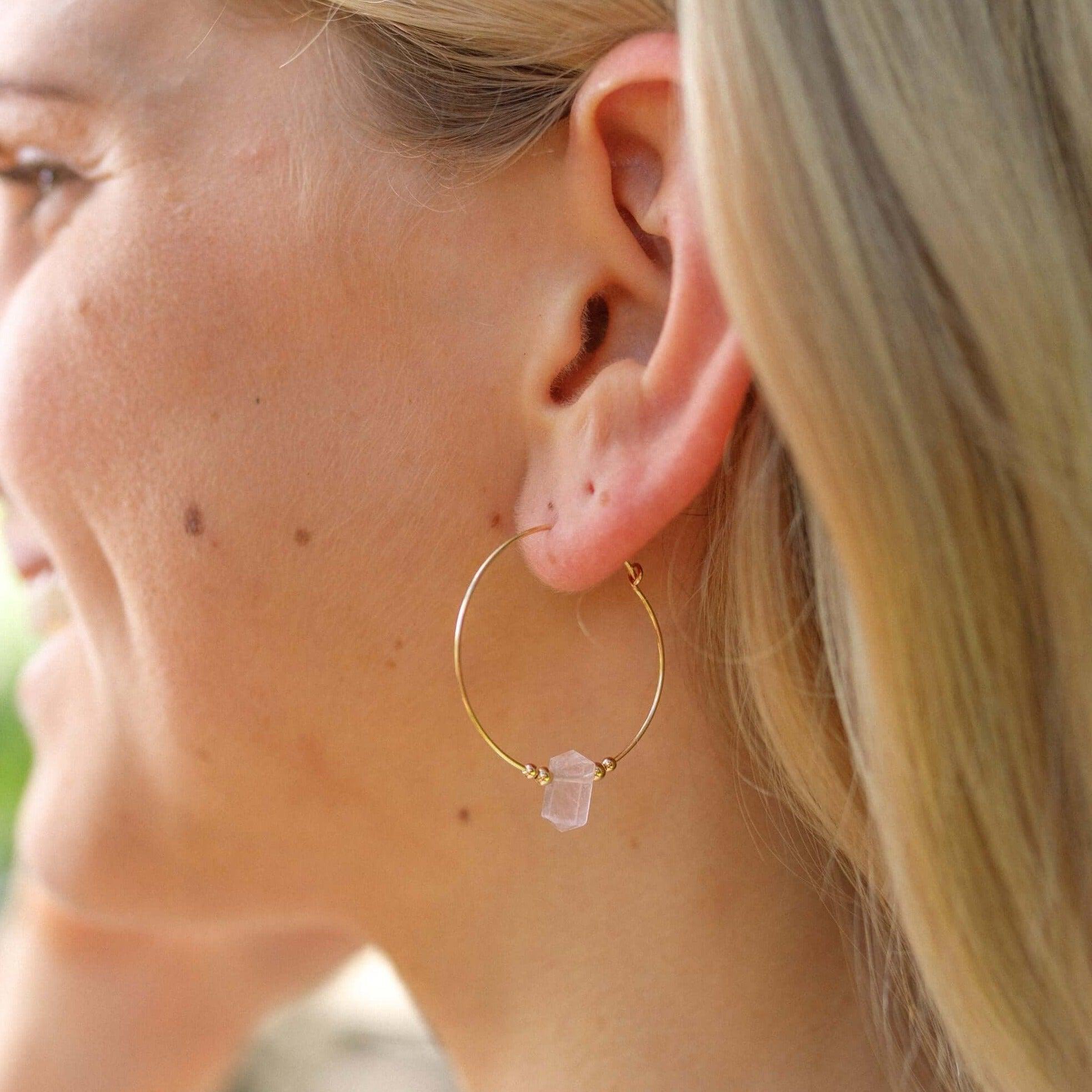 Large Hoop Rose Quartz Double Terminated Crystal Point Earrings - Large Hoop Rose Quartz Double Terminated Crystal Point Earrings - 14k Gold Fill - Luna Tide Handmade Crystal Jewellery