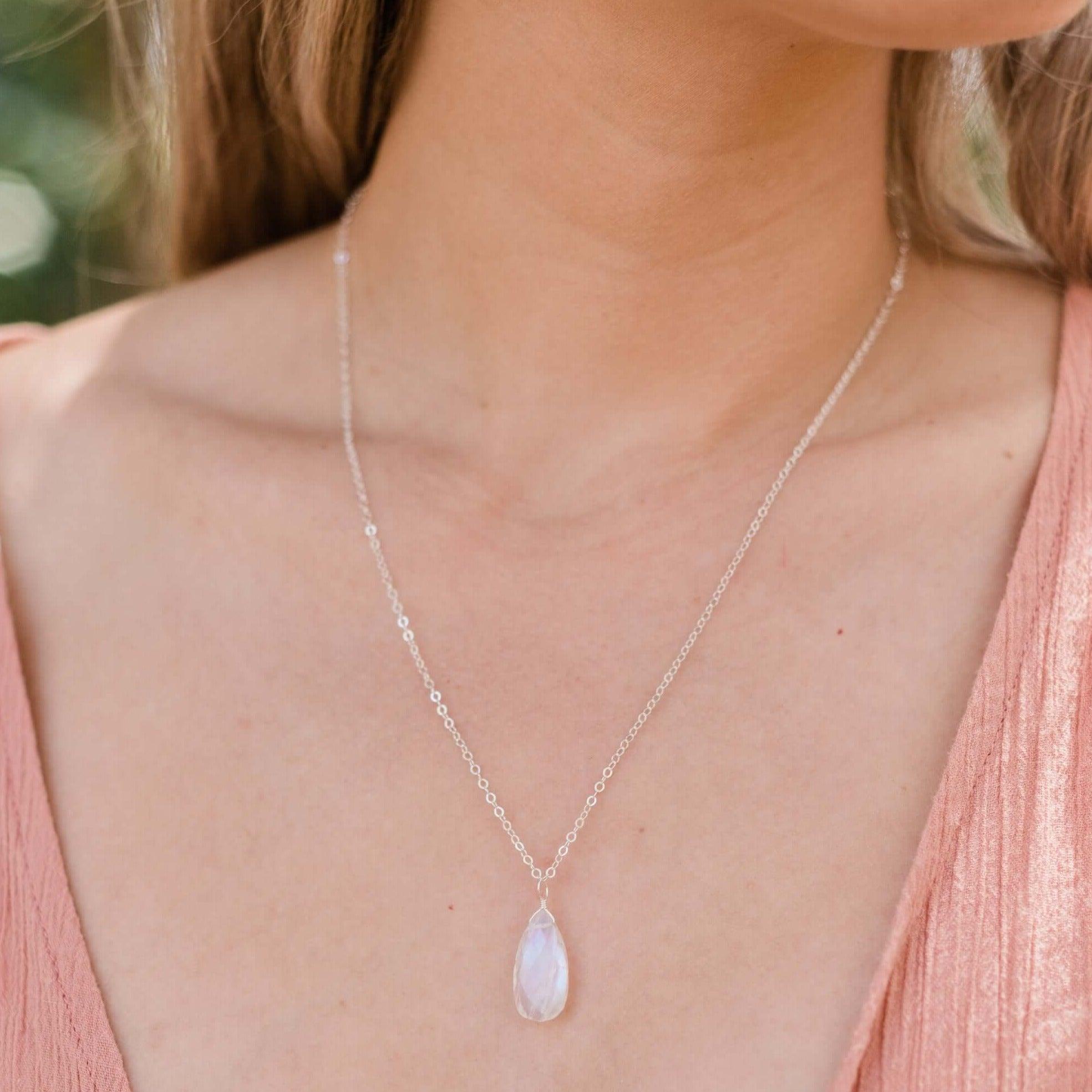 Large Rainbow Moonstone Teardrop Necklace - Large Rainbow Moonstone Teardrop Necklace - 14k Gold Fill / Cable - Luna Tide Handmade Crystal Jewellery