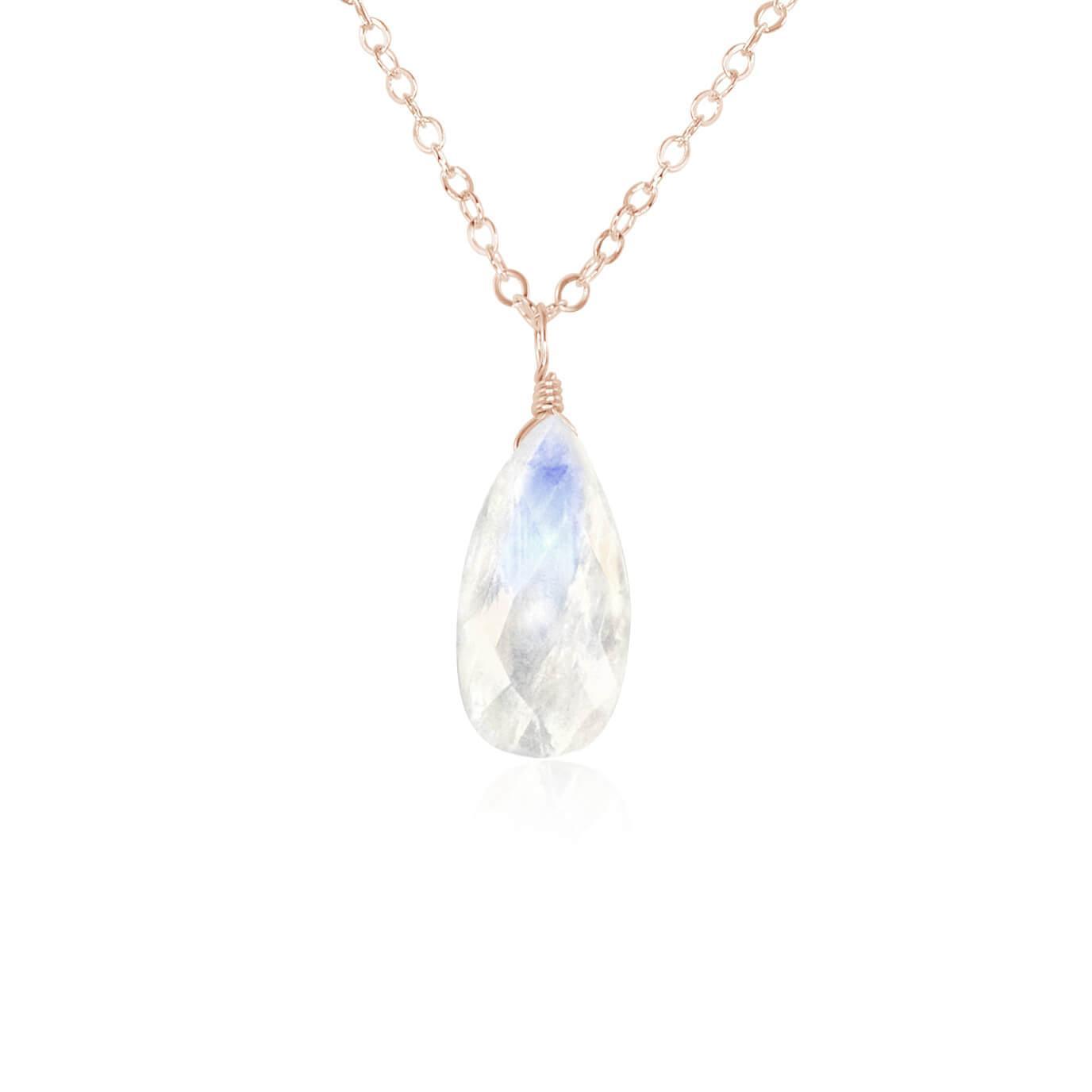 Large Rainbow Moonstone Teardrop Necklace - Large Rainbow Moonstone Teardrop Necklace - 14k Rose Gold Fill / Cable - Luna Tide Handmade Crystal Jewellery