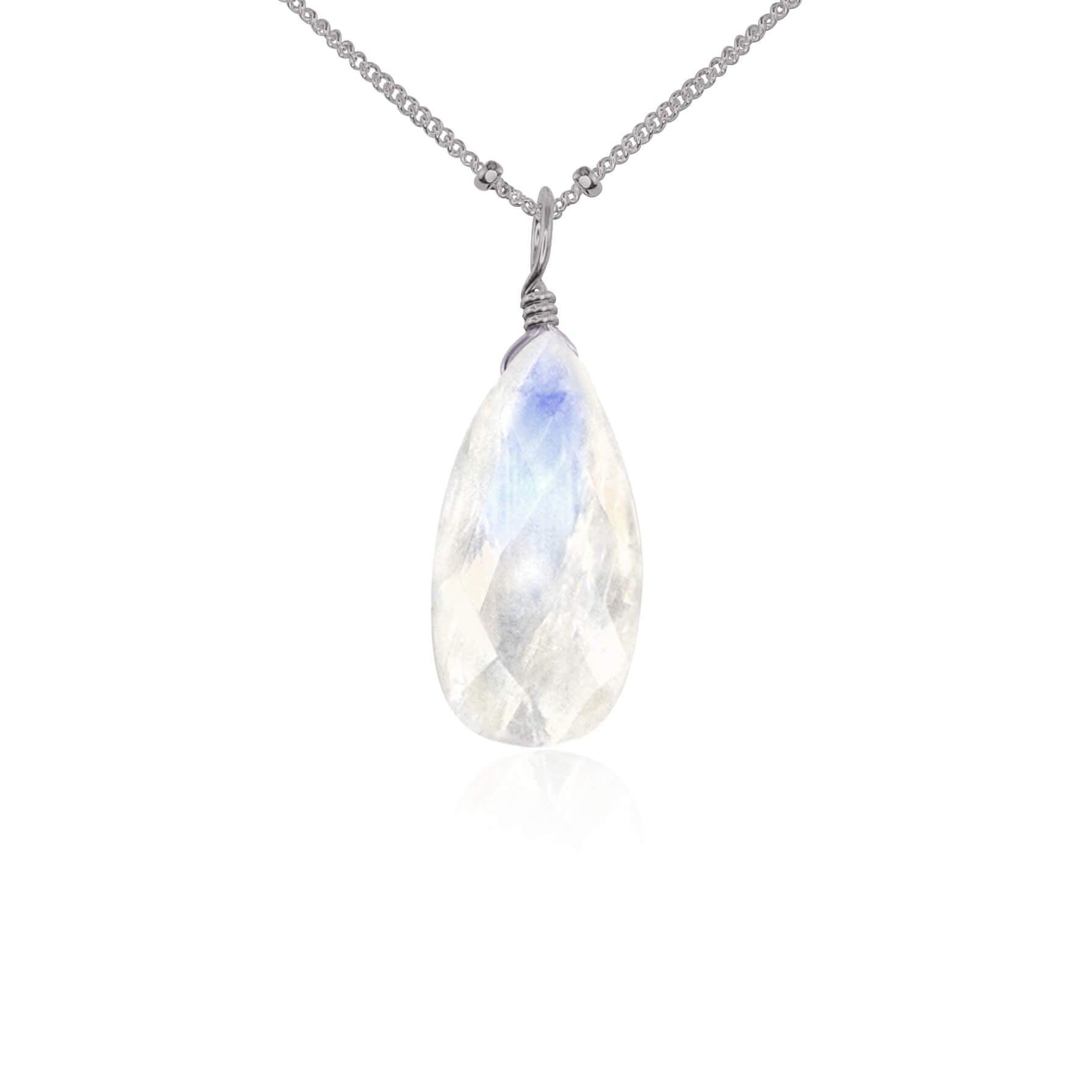 Large Rainbow Moonstone Teardrop Necklace - Large Rainbow Moonstone Teardrop Necklace - Stainless Steel / Satellite - Luna Tide Handmade Crystal Jewellery