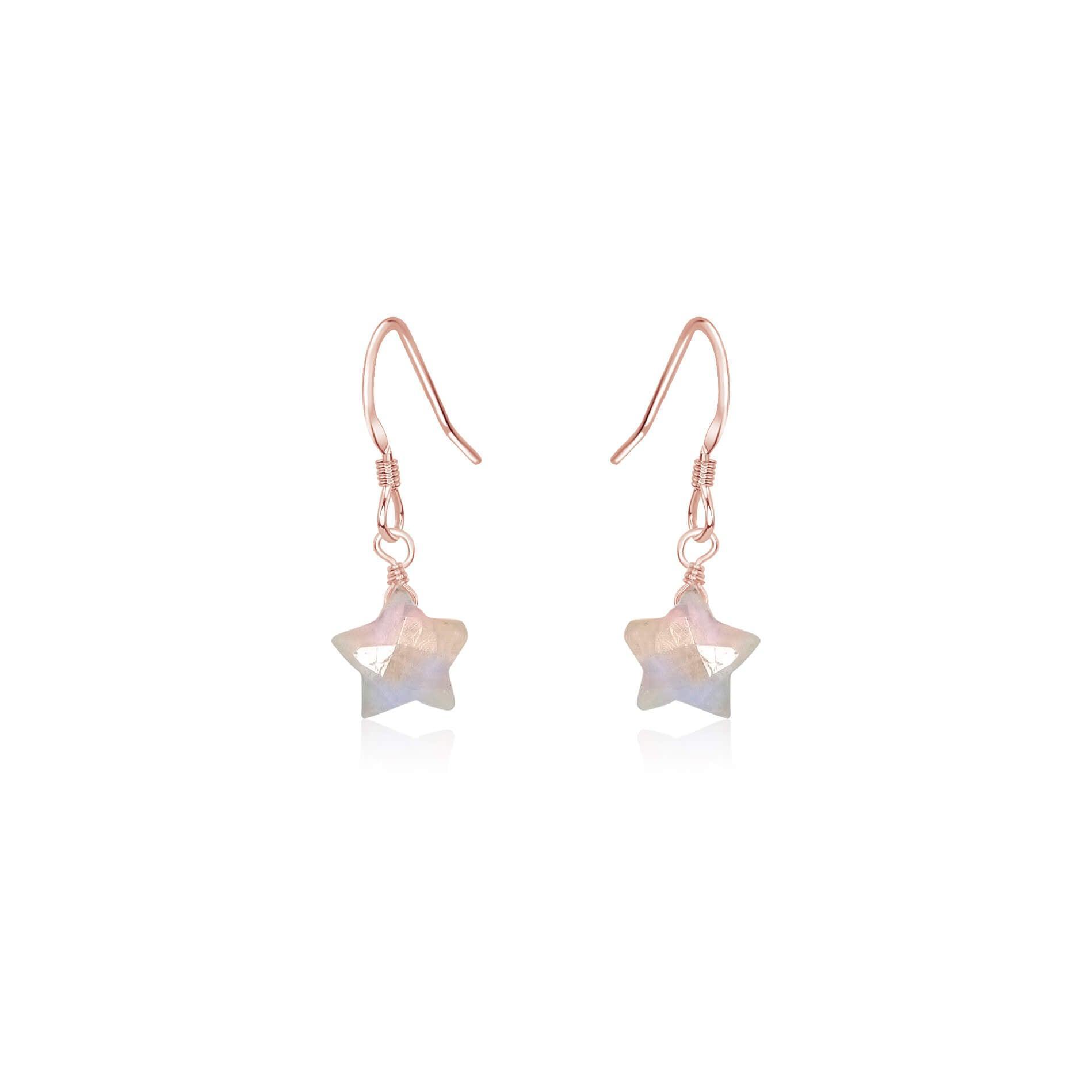Little Rainbow Moonstone Star Dangle Drop Earrings - Little Rainbow Moonstone Star Dangle Drop Earrings - 14k Rose Gold Fill - Luna Tide Handmade Crystal Jewellery