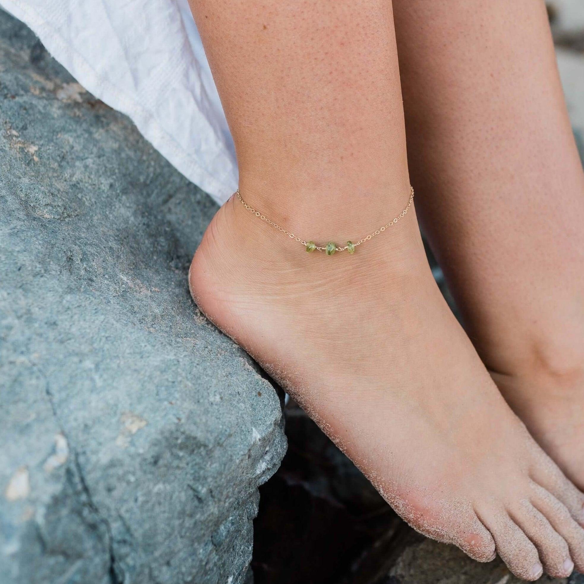 Peridot Beaded Chain Anklet - Peridot Beaded Chain Anklet - 14k Gold Fill - Luna Tide Handmade Crystal Jewellery