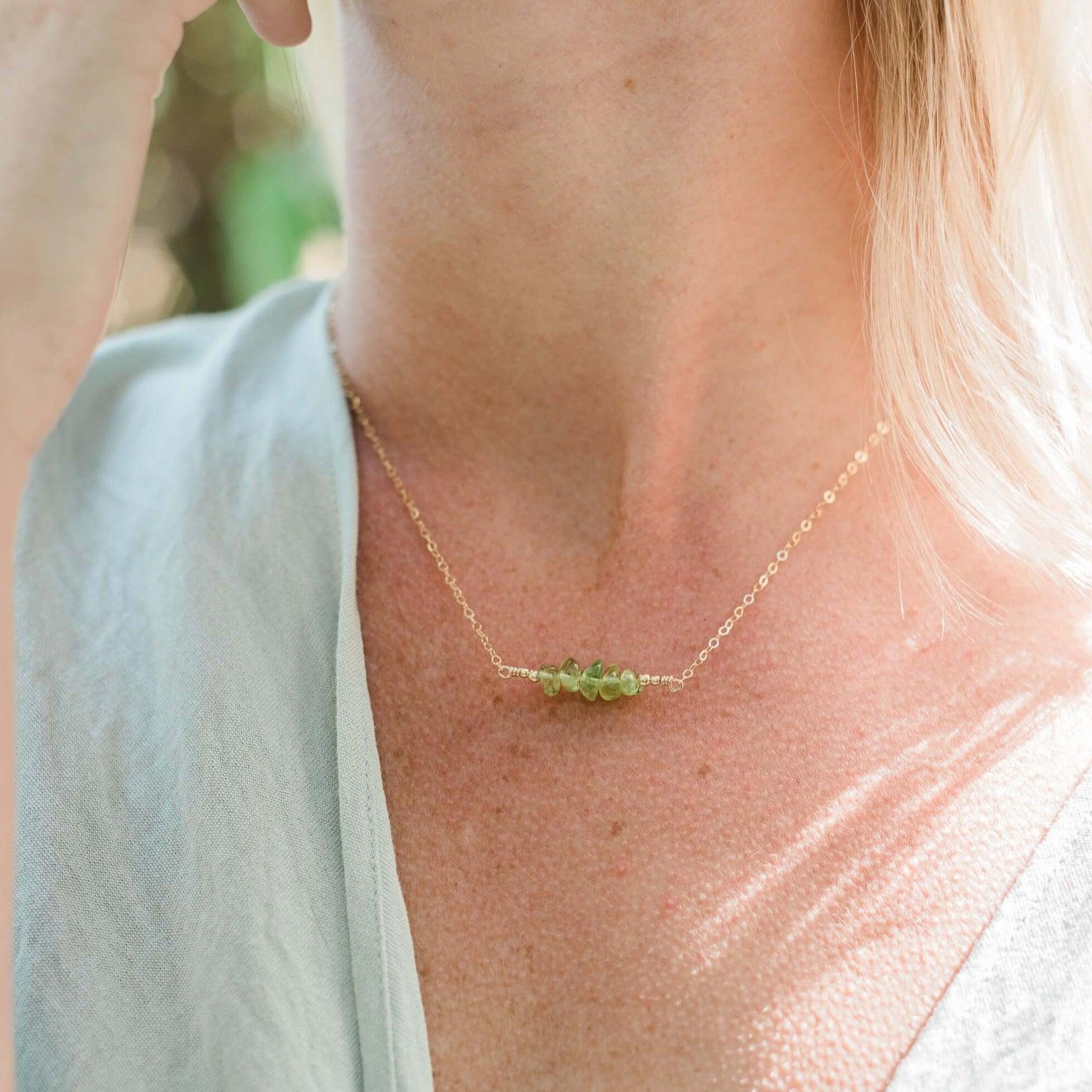 Peridot Chip Bead Bar Necklace - Peridot Chip Bead Bar Necklace - 14k Gold Fill - Luna Tide Handmade Crystal Jewellery