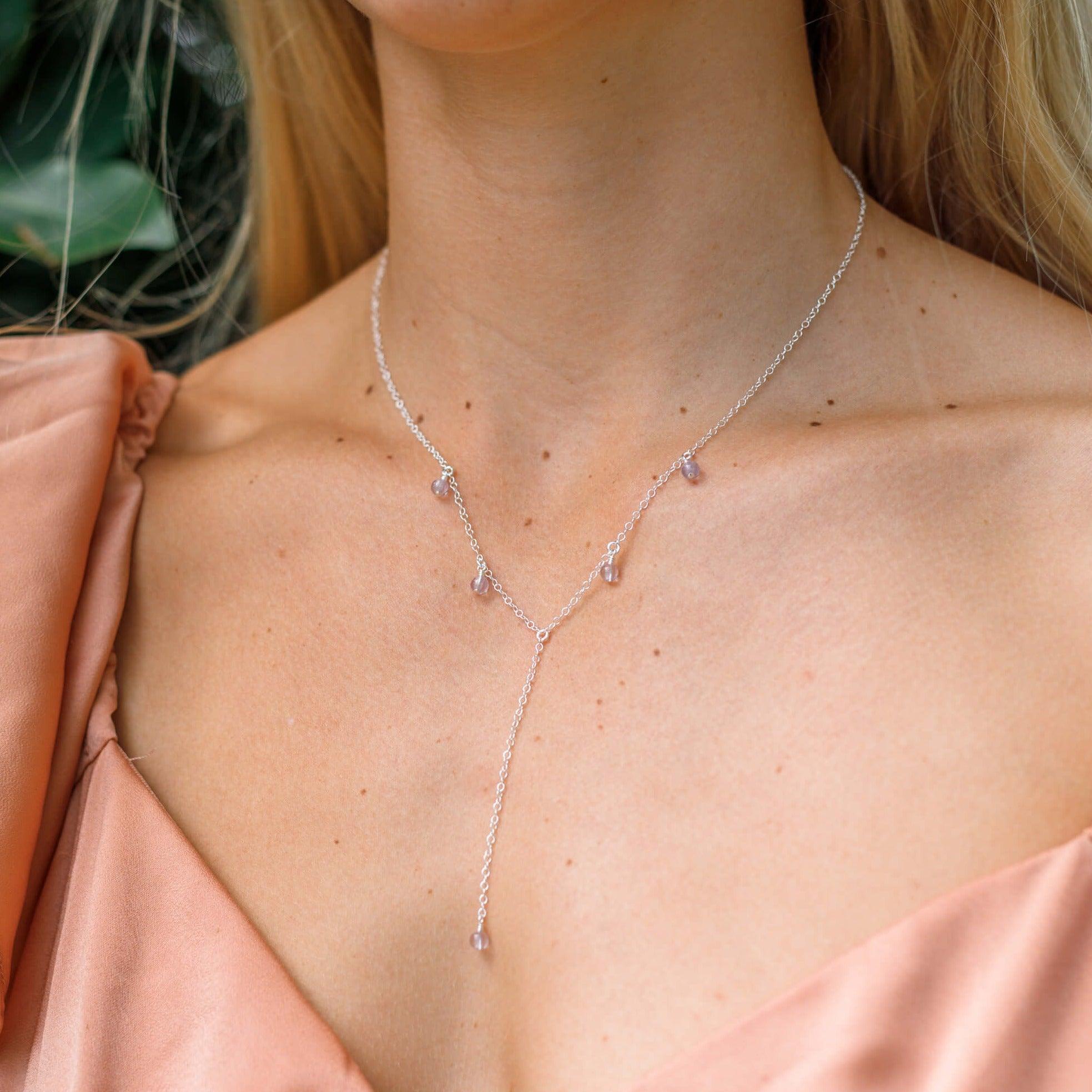 Pink Amethyst Crystal Boho Lariat Necklace - Pink Amethyst Crystal Boho Lariat Necklace - 14k Gold Fill - Luna Tide Handmade Crystal Jewellery