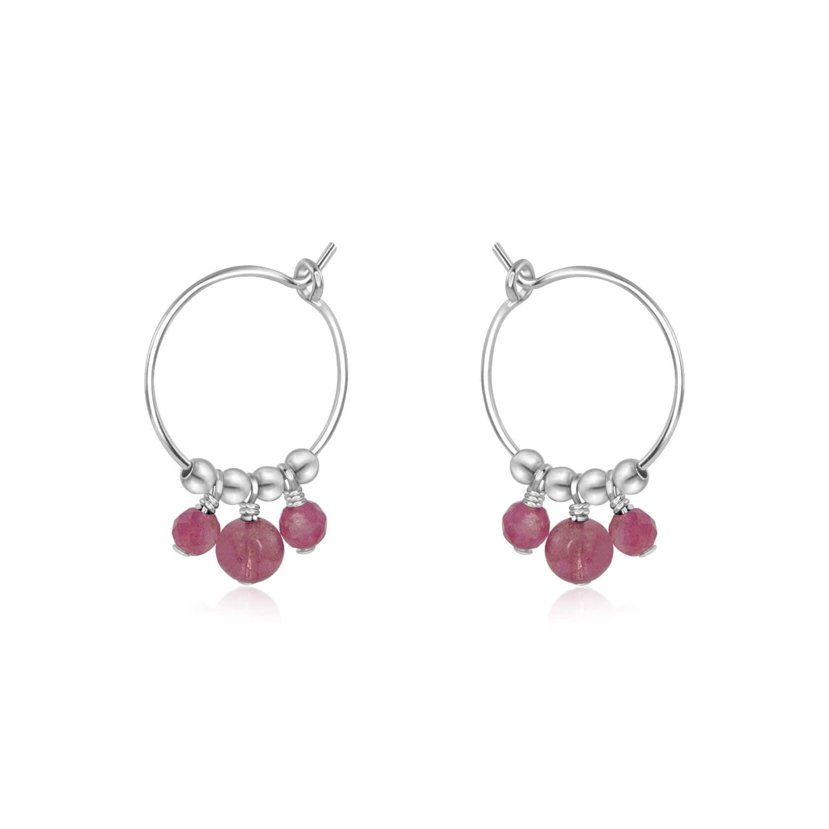 Pink Tourmaline Gemstone Bead Drop Hoop Earrings - Pink Tourmaline Gemstone Bead Drop Hoop Earrings - Sterling Silver - Luna Tide Handmade Crystal Jewellery