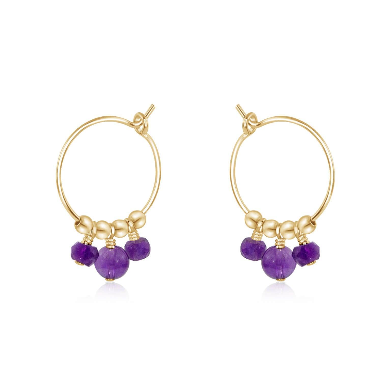 Purple Amethyst Gemstone Bead Drop Hoop Earrings - Purple Amethyst Gemstone Bead Drop Hoop Earrings - 14k Gold Fill - Luna Tide Handmade Crystal Jewellery