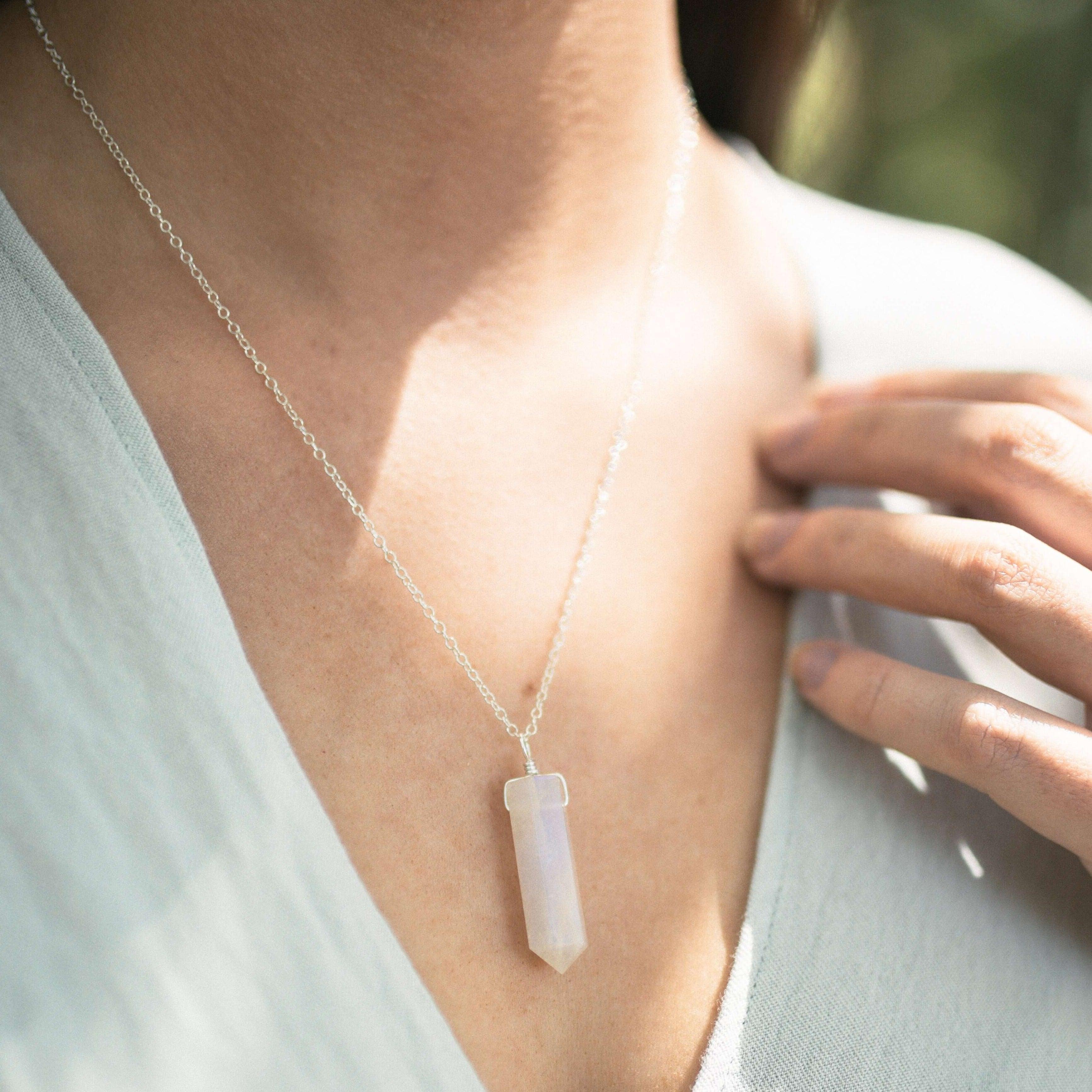 Rainbow Moonstone Crystal Generator Point Pendant Necklace - Rainbow Moonstone Crystal Generator Point Pendant Necklace - 14k Gold Fill / Cable - Luna Tide Handmade Crystal Jewellery