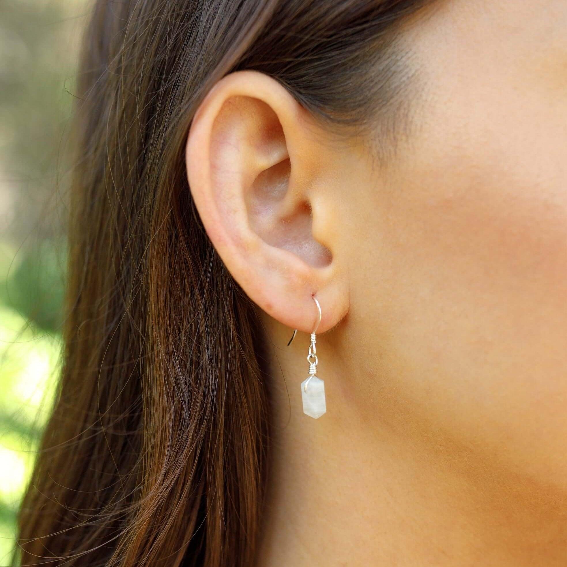 Rainbow Moonstone Mini Double Terminated Crystal Point Dangle Drop Earrings - Rainbow Moonstone Mini Double Terminated Crystal Point Dangle Drop Earrings - 14k Gold Fill - Luna Tide Handmade Crystal Jewellery