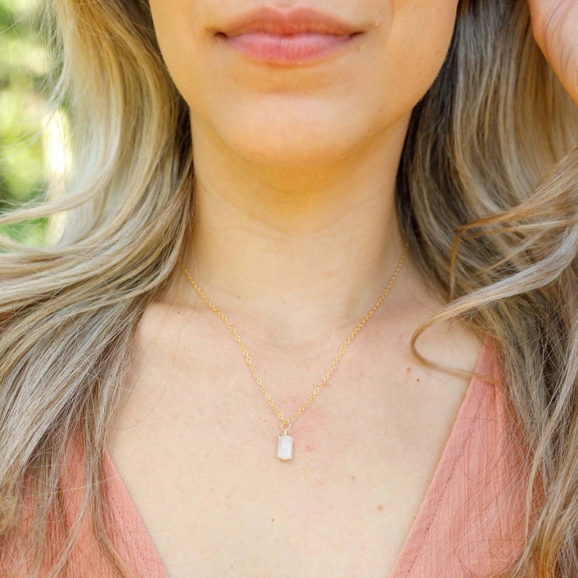 Rainbow Moonstone Mini Double Terminated Crystal Point Pendant Necklace - Rainbow Moonstone Mini Double Terminated Crystal Point Pendant Necklace - 14k Gold Fill / Cable - Luna Tide Handmade Crystal Jewellery
