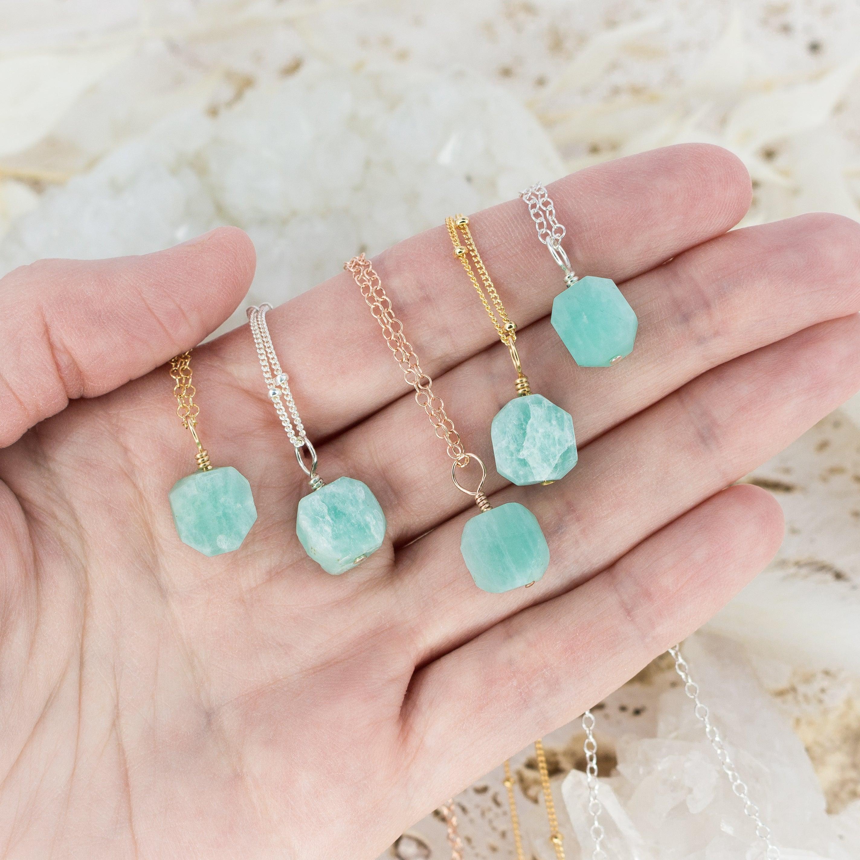 Raw Amazonite Natural Crystal Pendant Necklace - Raw Amazonite Natural Crystal Pendant Necklace - Sterling Silver / Satellite - Luna Tide Handmade Crystal Jewellery