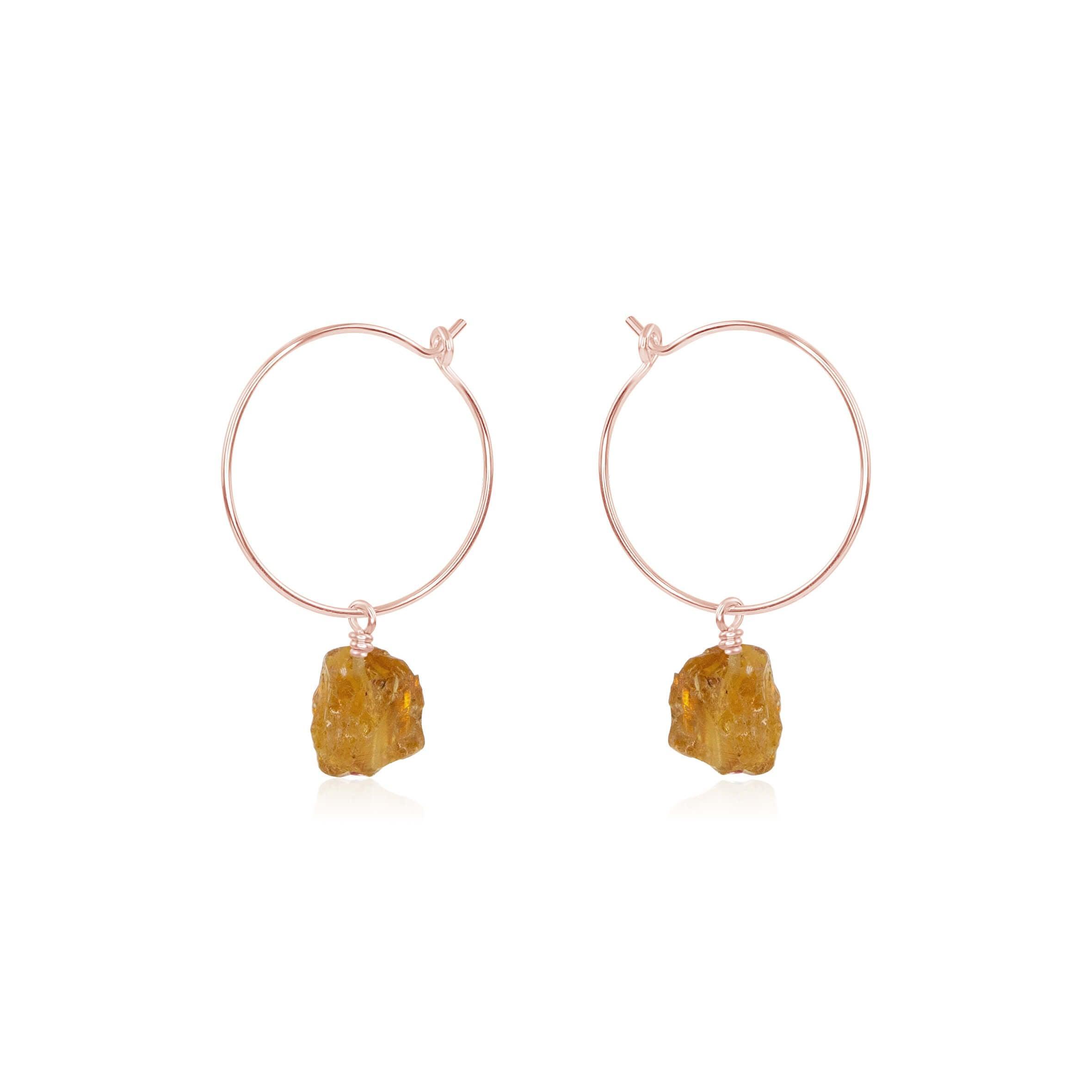 Raw Citrine Gemstone Dangle Hoop Earrings - Raw Citrine Gemstone Dangle Hoop Earrings - 14k Rose Gold Fill - Luna Tide Handmade Crystal Jewellery