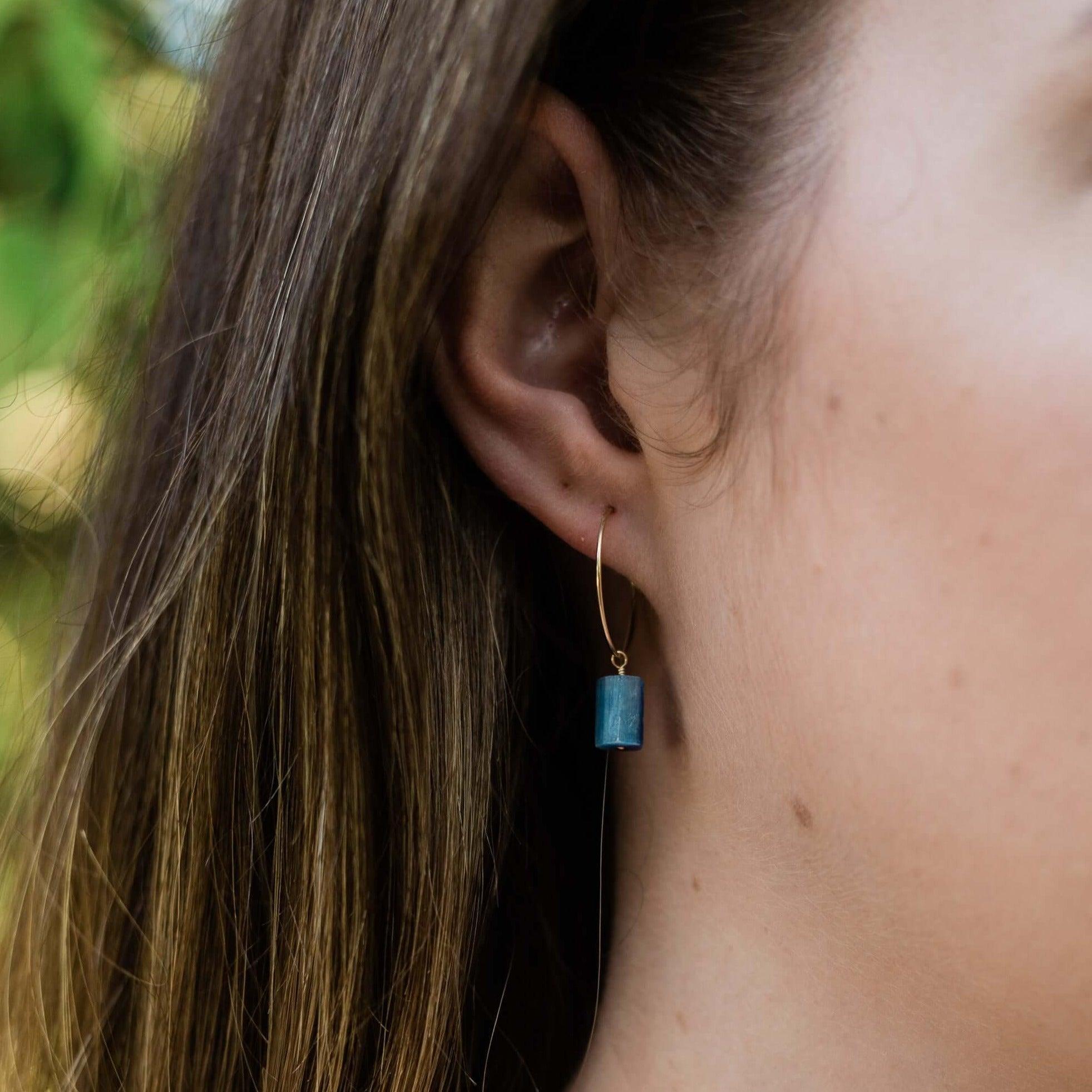 Raw Kyanite Gemstone Dangle Hoop Earrings - Raw Kyanite Gemstone Dangle Hoop Earrings - Sterling Silver - Luna Tide Handmade Crystal Jewellery